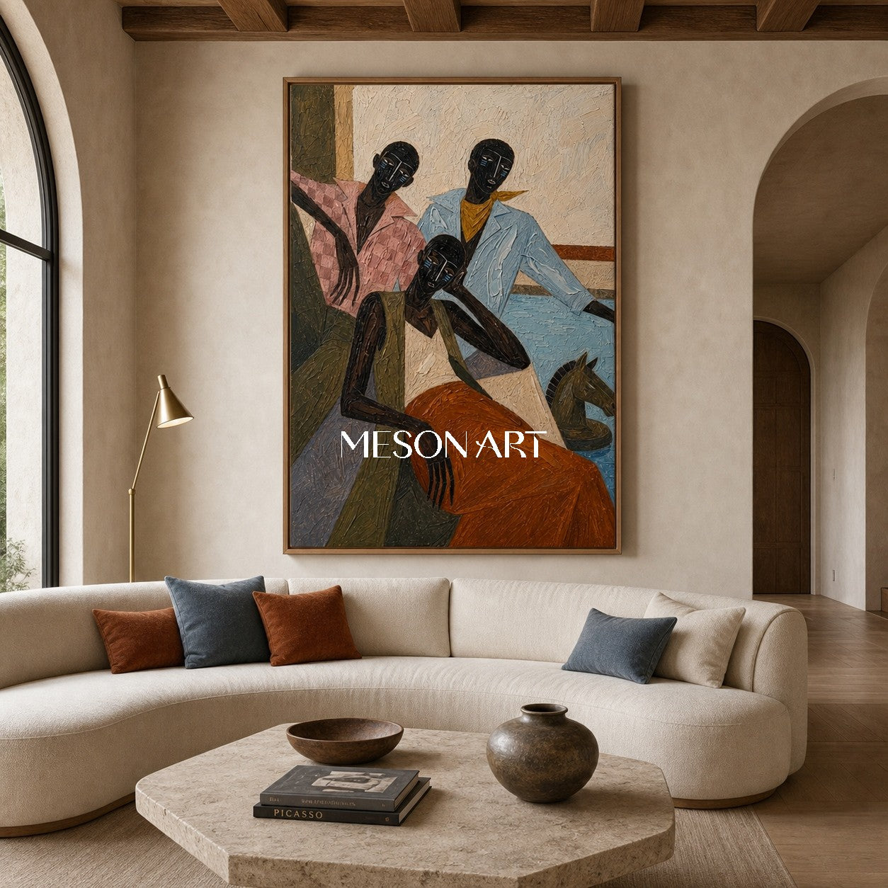 Expressive Abstract People Painting With Geometric Forms And Rich Texture For Modern Living Spaces