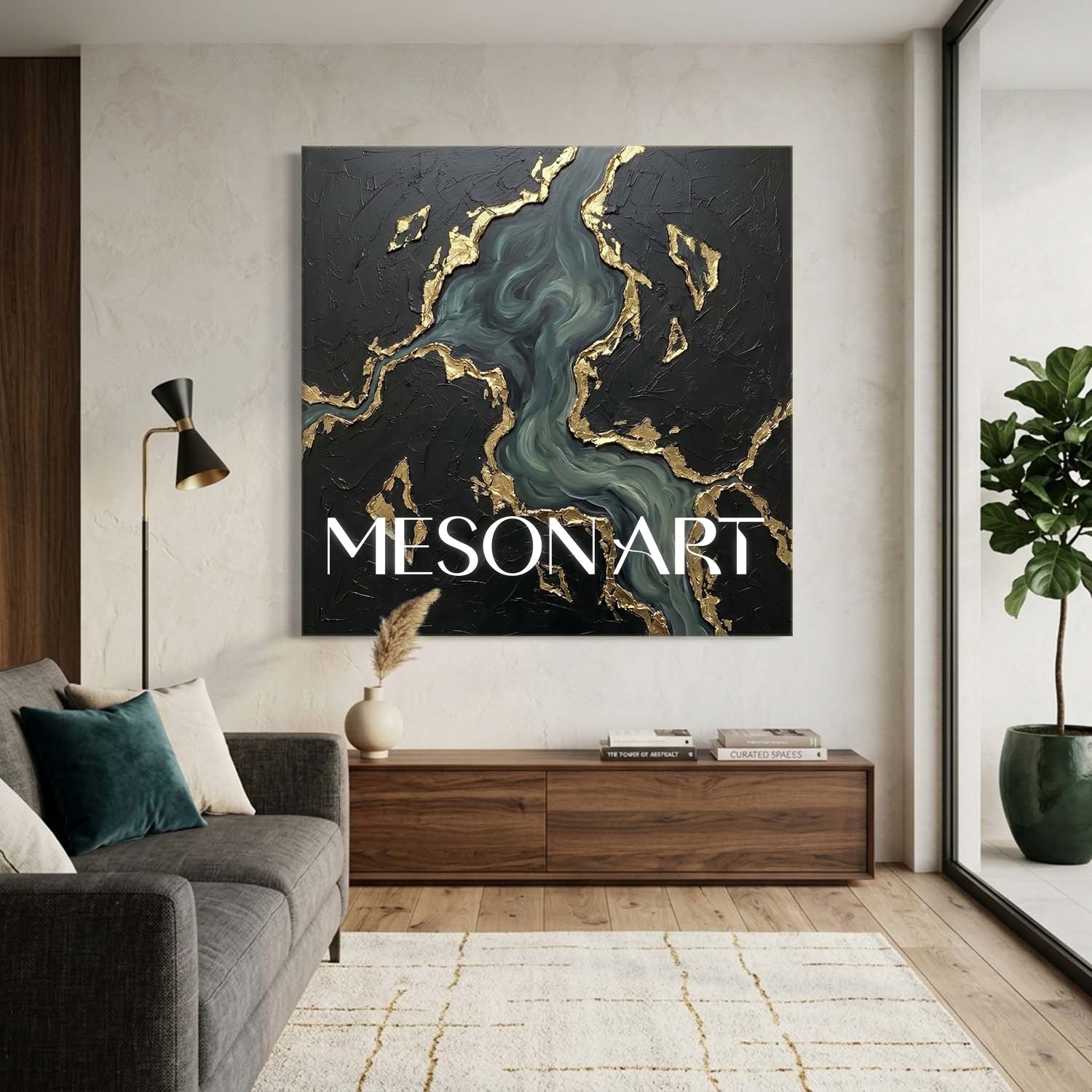 Luxury Black And Gold Plaster Abstract Art With Teal Ocean Waves For Living Room