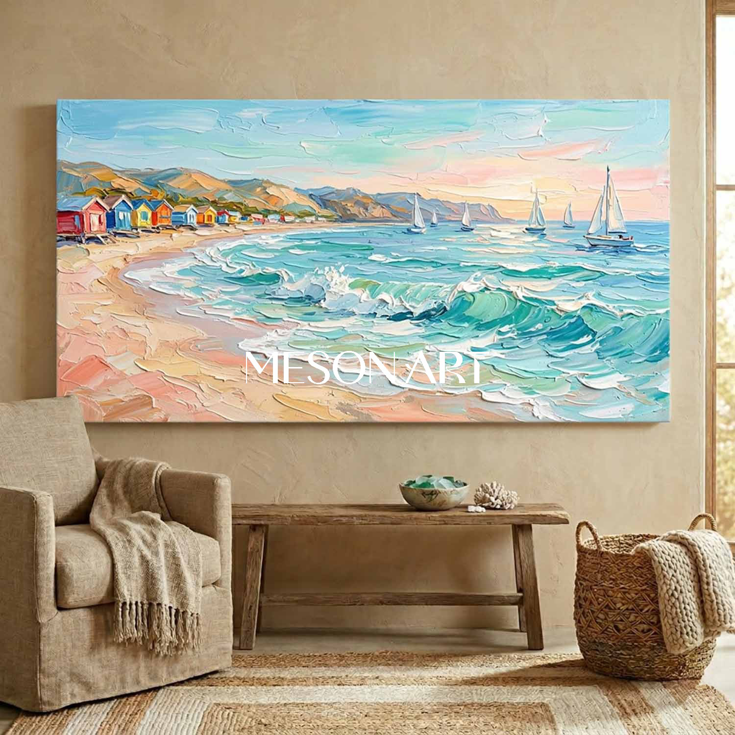 Luxury Coastal Wall Art With Turquoise Waves And Sailboats For Living Room Decor