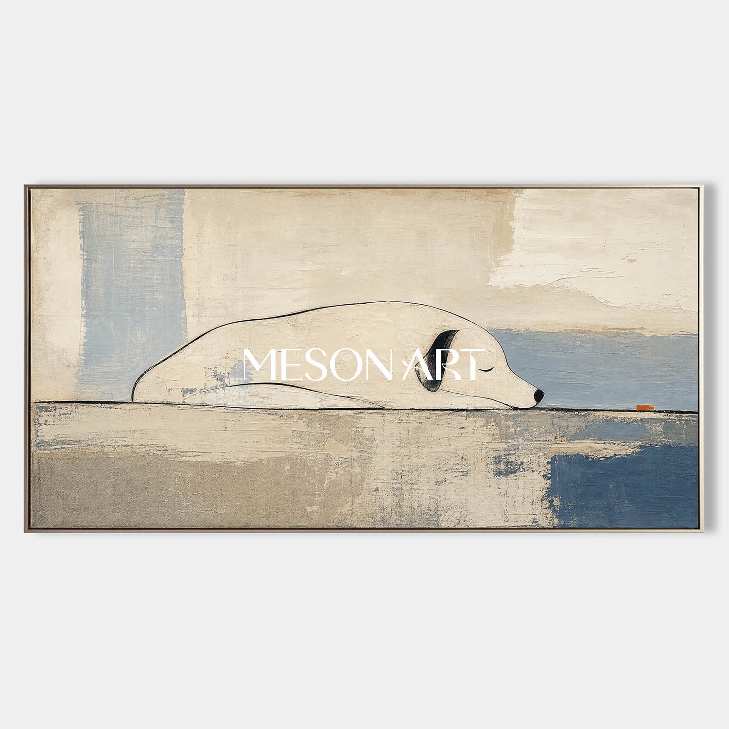 Minimalist Dog Canvas Art Beige And Blue Abstract Painting For Living Room And Bedroom Decor