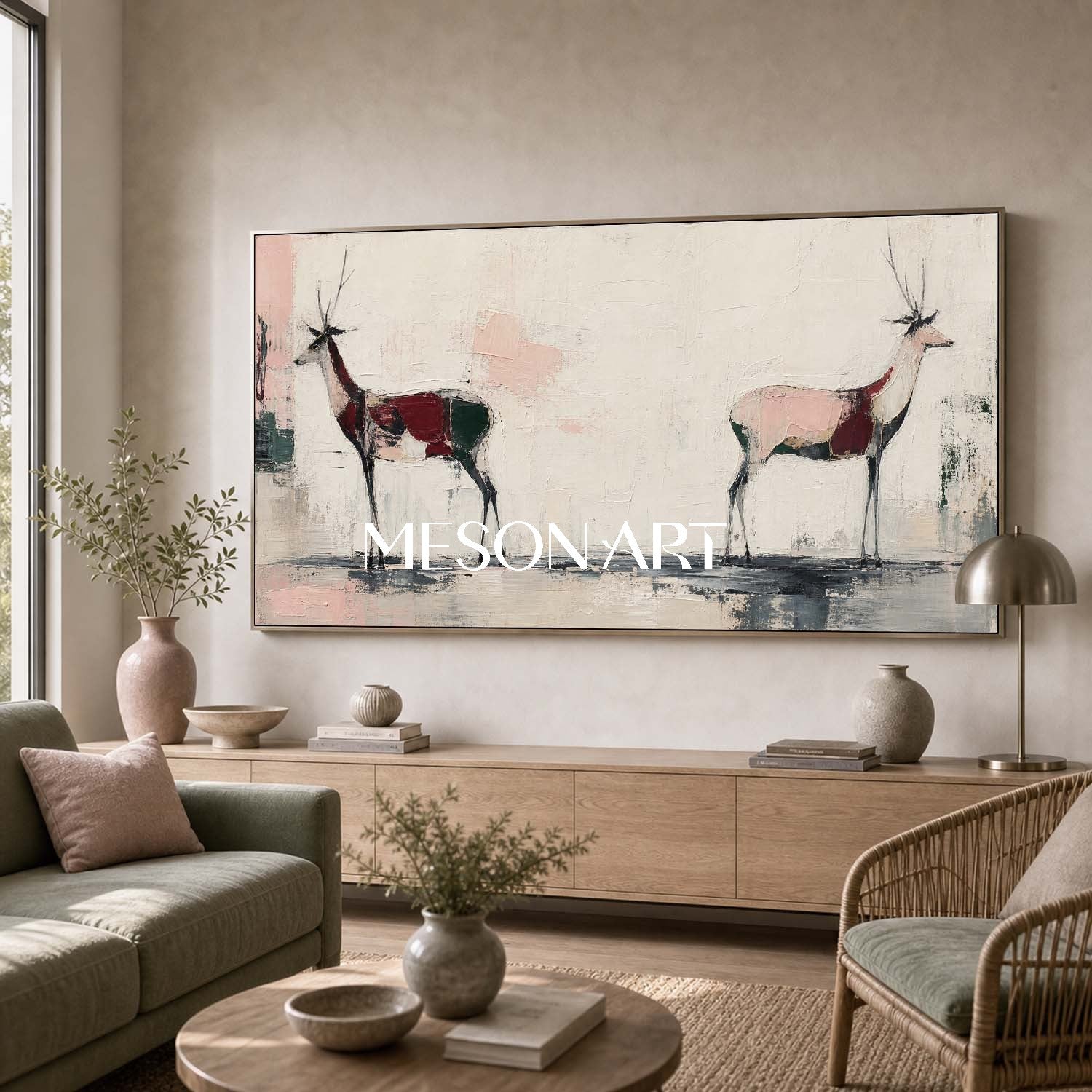 Large Minimalist Deer Painting Abstract Canvas Wall Art For Living Room