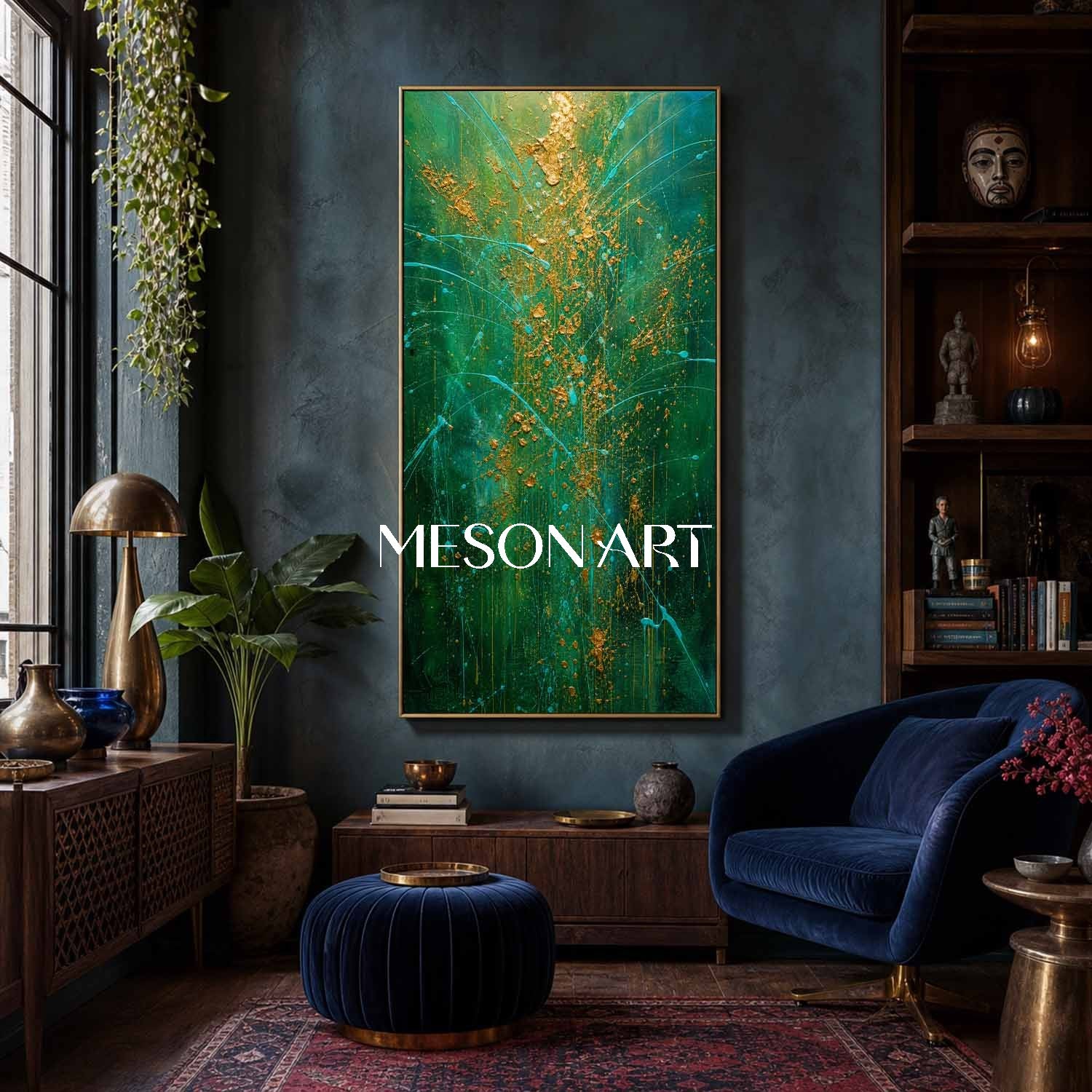 Emerald Green And Gold Pollock Abstract Style Painting For Modern Living Room Entryway Decor