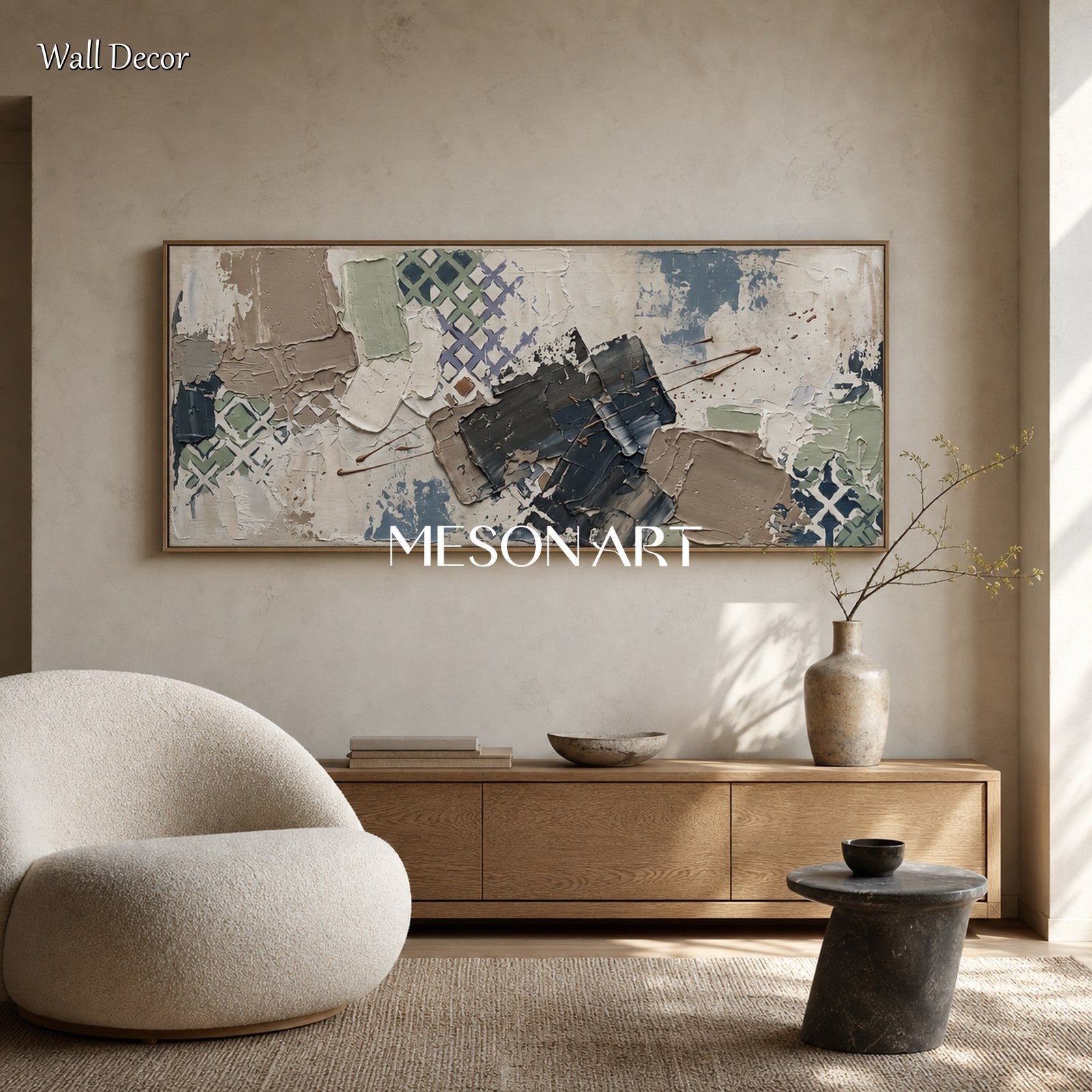 Minimalist Textured Abstract Art With Beige And Blue Tones For Modern Living Room Decor