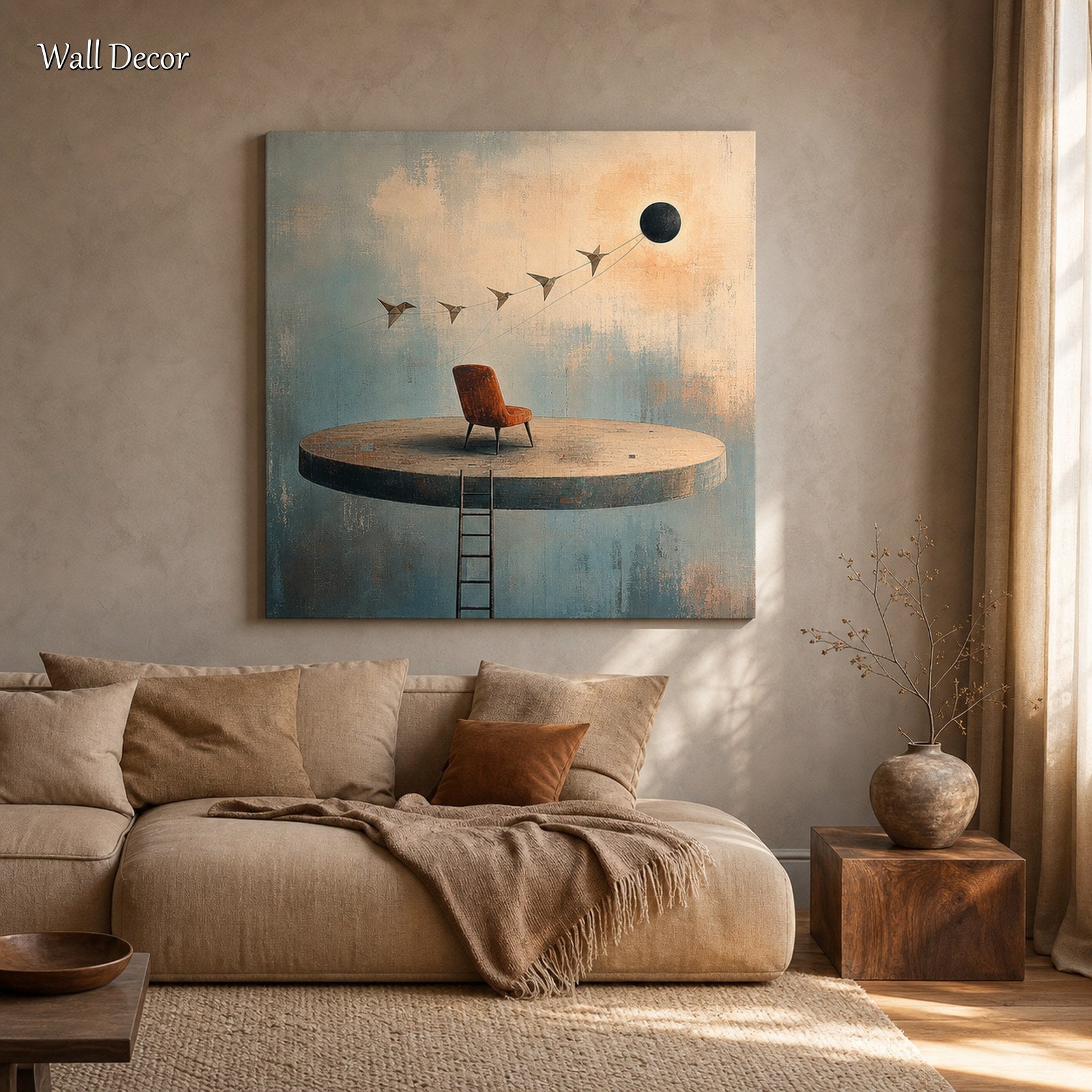 Surrealist Abstract Painting With Floating Chair For Modern Living Room Decor
