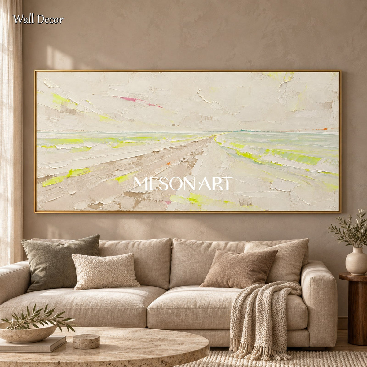 Beige And Green Abstract Painting Panoramic Wall Art By Artist Contemporary Landscape Modern Palette Knife Neutral Tone Art By Mesonart