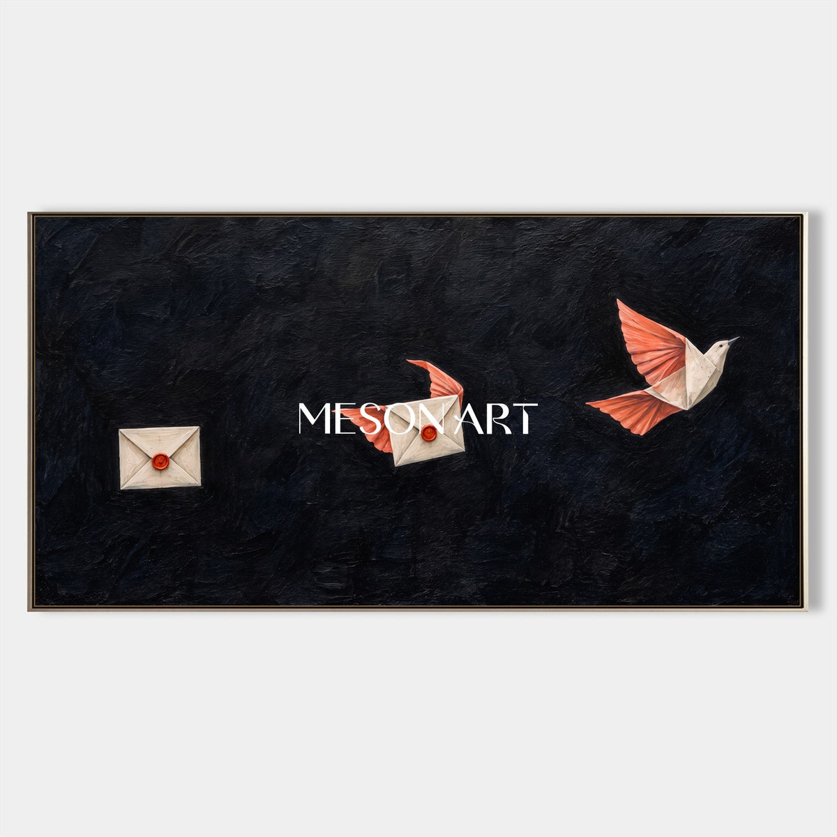 Black And Red Surrealist Painting Of Pigeons Panoramic Wall Art Original Artist By Mesonart