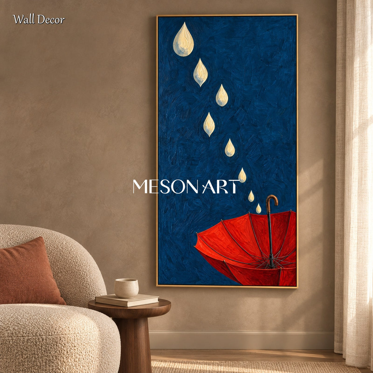 Blue And Red Surrealist Umbrella Painting Panoramic Original Artist Hand Painted Wall Art For Living Room By Mesonart