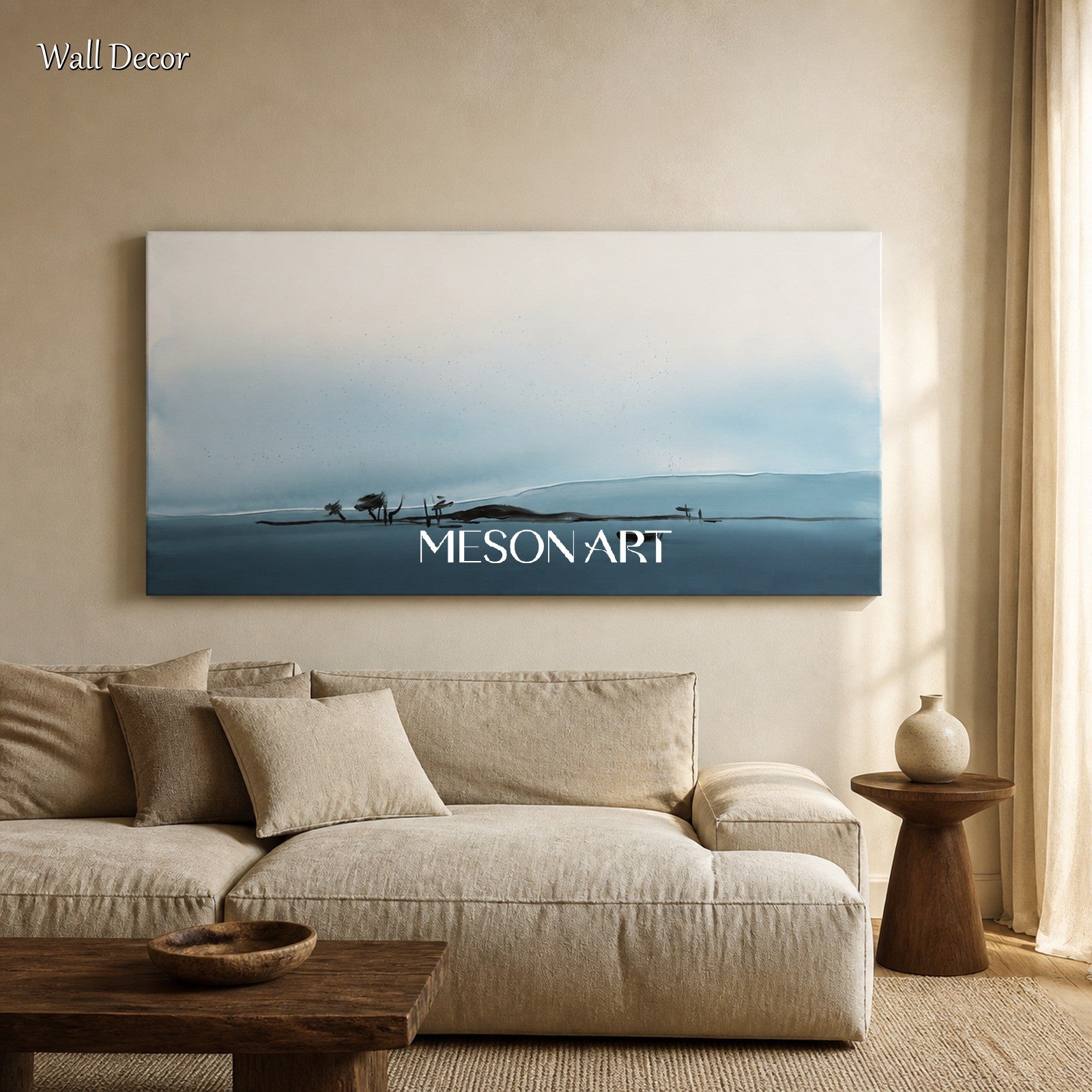 Blue And Gray Painting Contemporary Abstract Landscape Panoramic Wall Art Original Artist By Mesonart