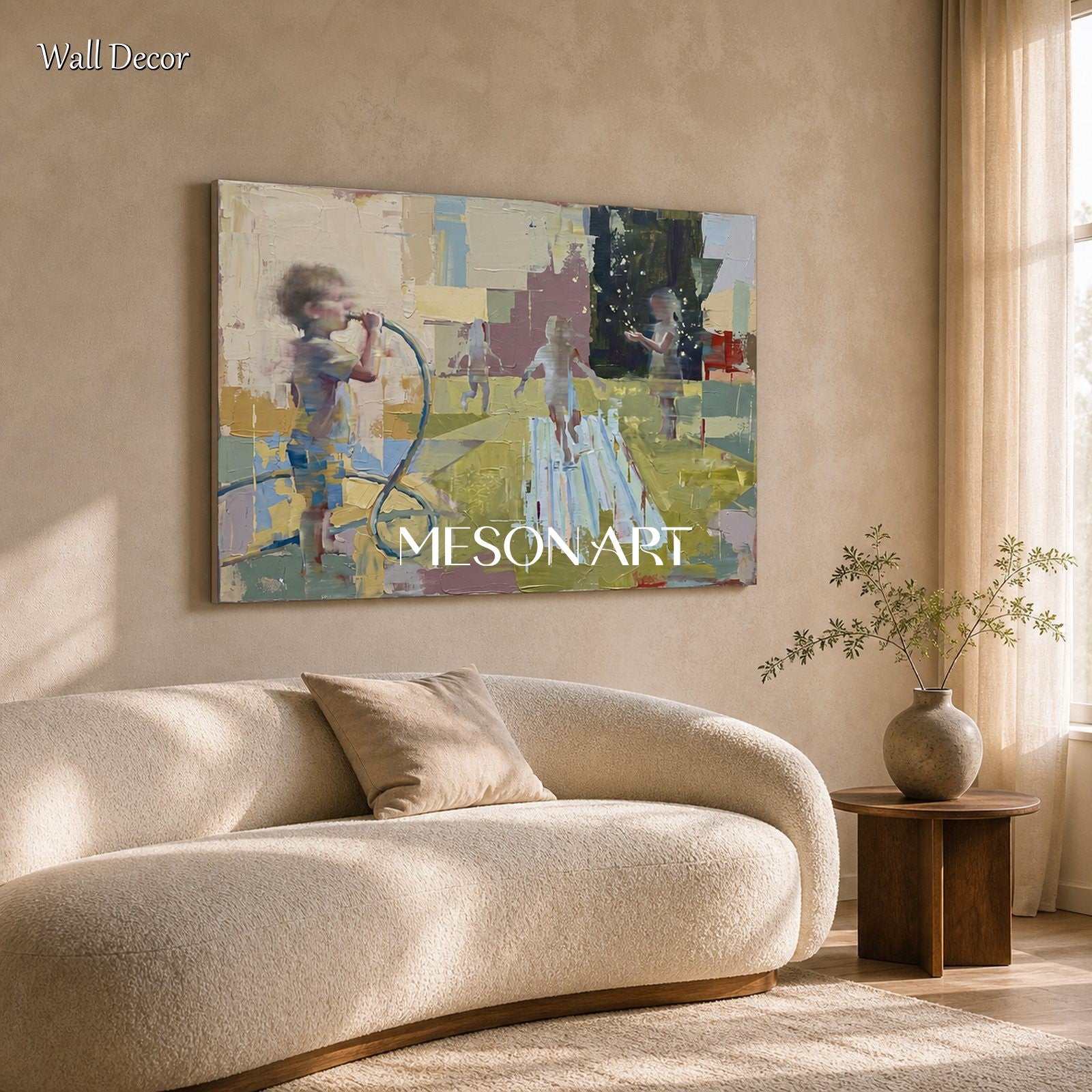 Beige And Green Contemporary Abstract Painting Rectangular Wall Art For Living Room By Mesonart