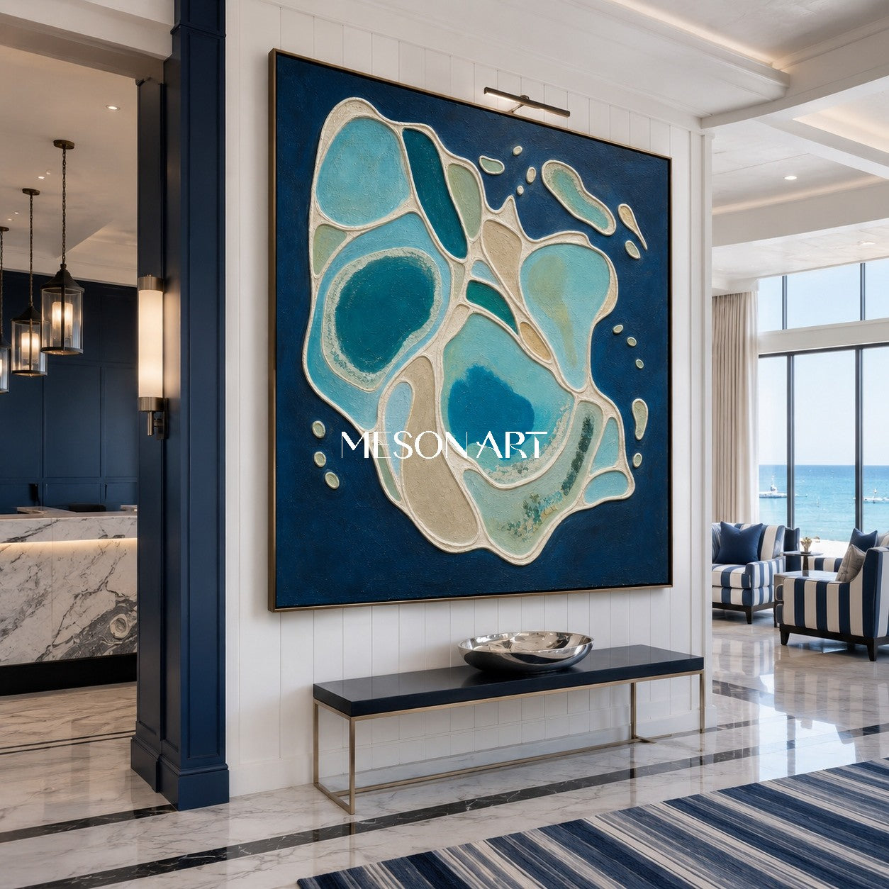 Azure Lagoon Abstract Art With Textured Plaster Relief For Coastal Home Decor