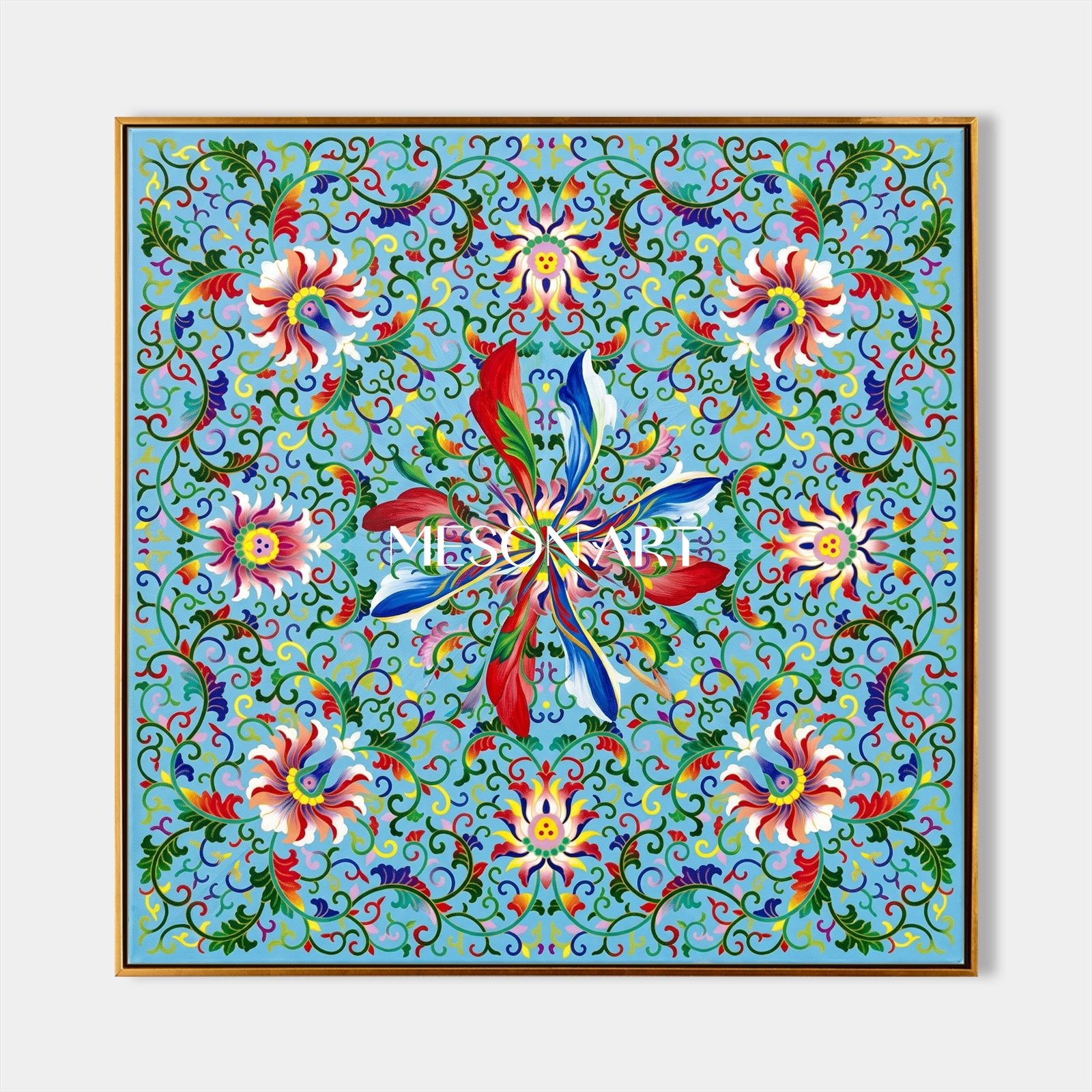 Blue And Green Islamic Geometric Floral Art Square Painting Original Artist Hand Painted By Mesonart