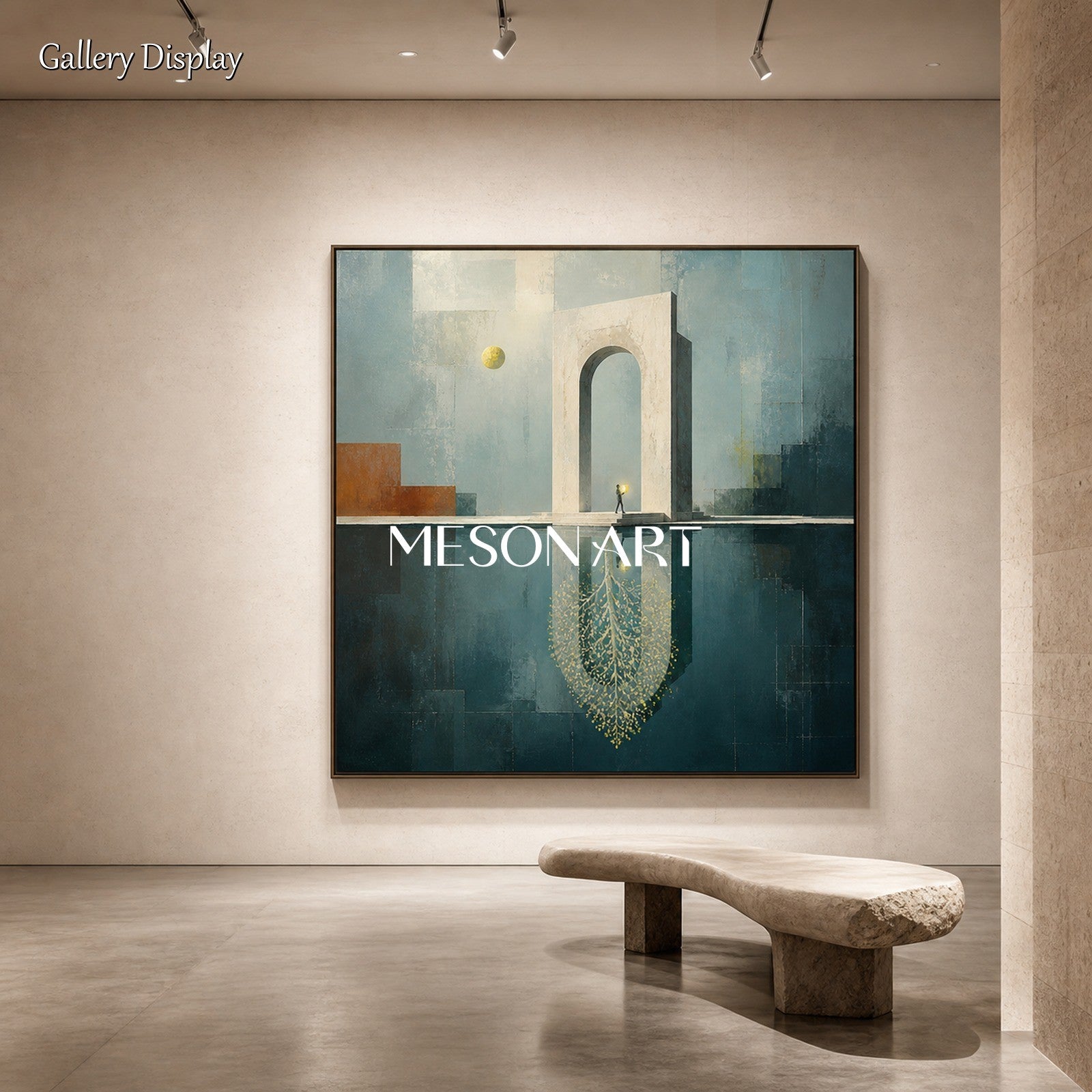 Surrealist Architecture Painting With Golden Accents For Art Deco Interior Design