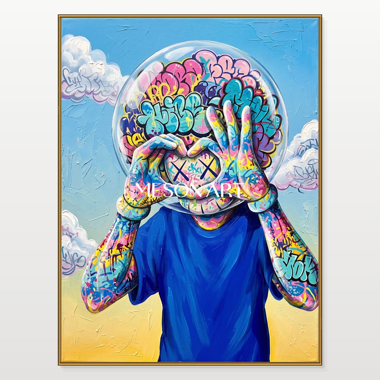 Vibrant Graffiti Art Painting With Bubble Head Figure For Modern Living Room Decor