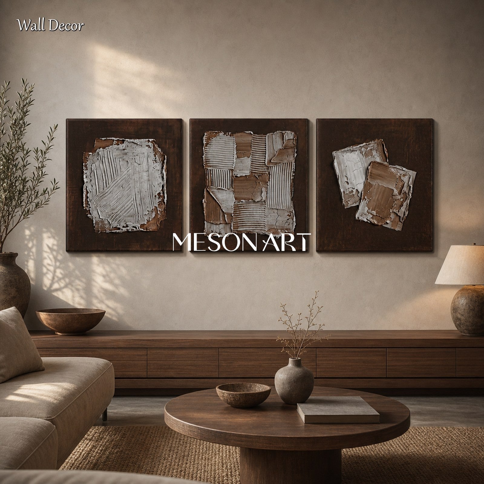 Brown Minimalist Triptych Wall Art With Textured Relief For Contemporary Living Room Decor