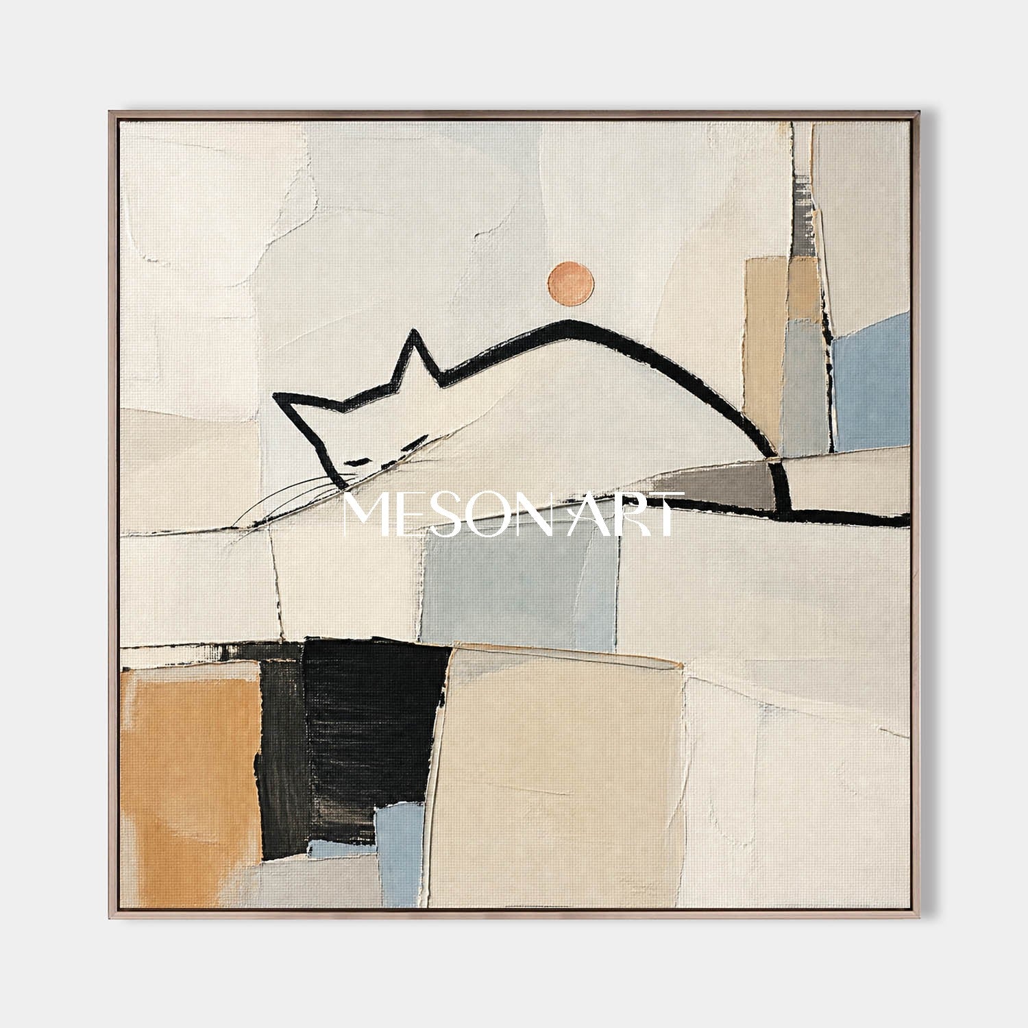 Minimalist Cat Abstract Painting On Linen Canvas With Soft Brushwork For Living Room