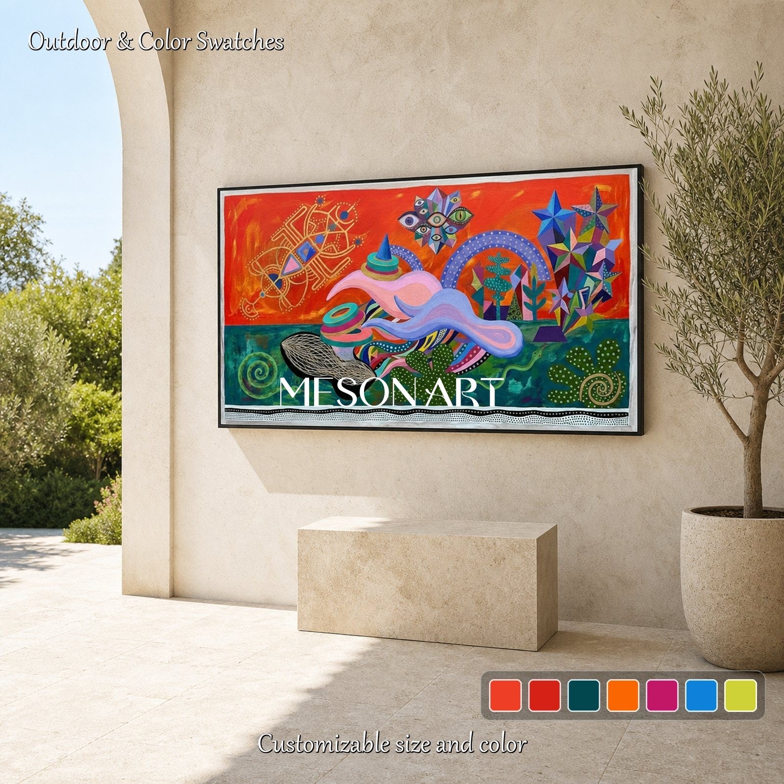 Vibrant Surrealist Painting With Orange And Green Tones For Modern Living Room Wall Art