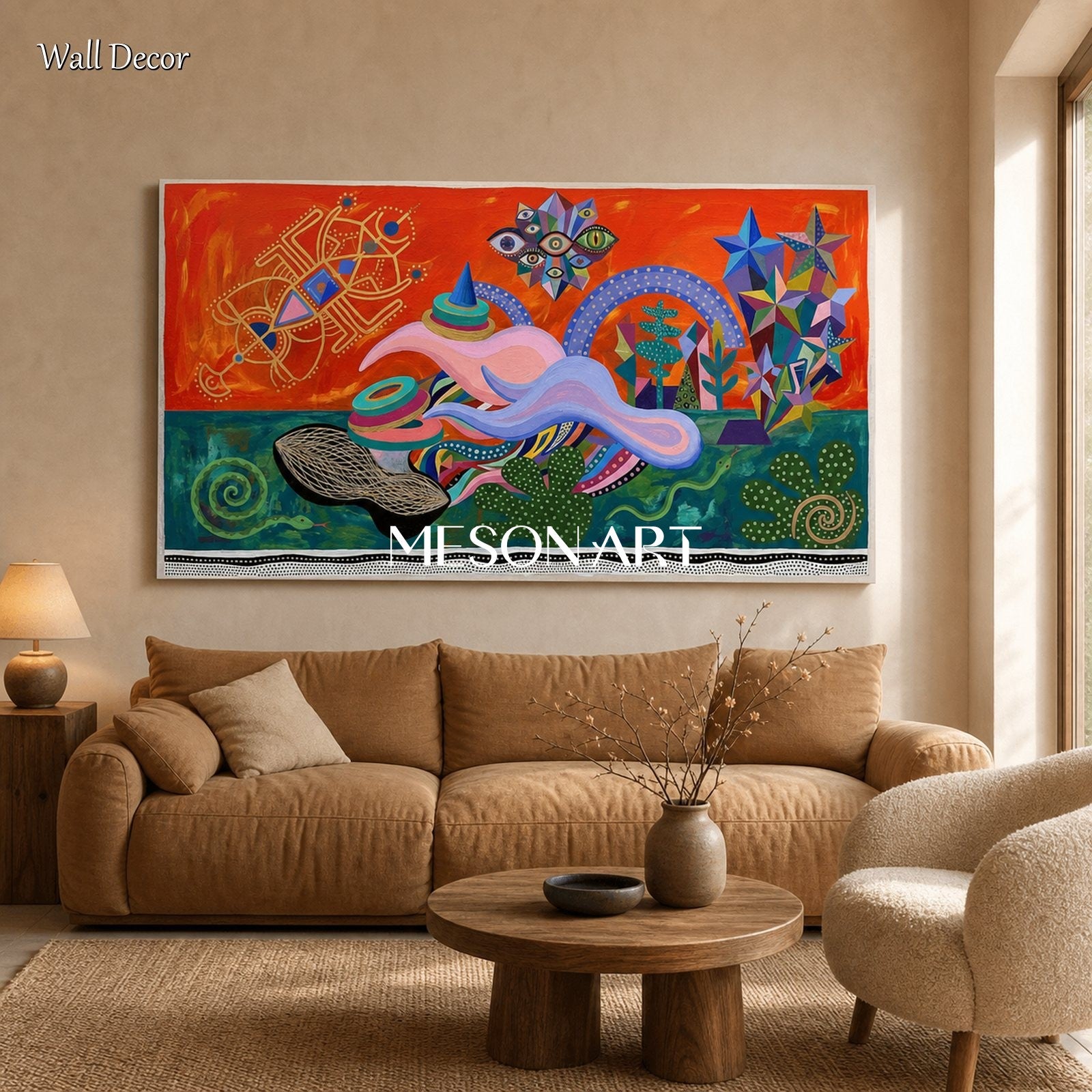 Vibrant Surrealist Painting With Orange And Green Tones For Modern Living Room Wall Art