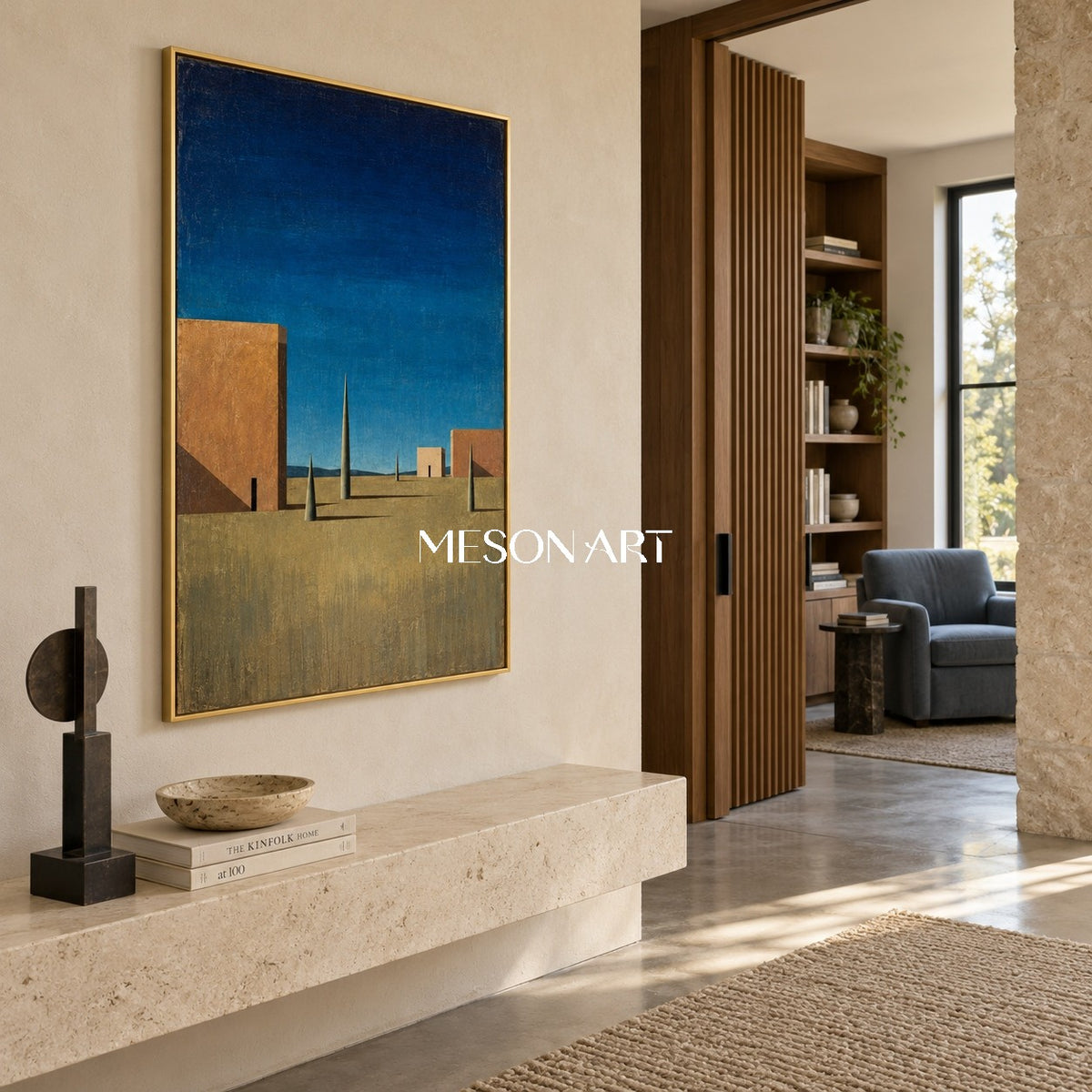 Blue Brown Surrealist Metaphysical Architectural Geometric Nostalgic Rectangular Wall Art By Mesonart