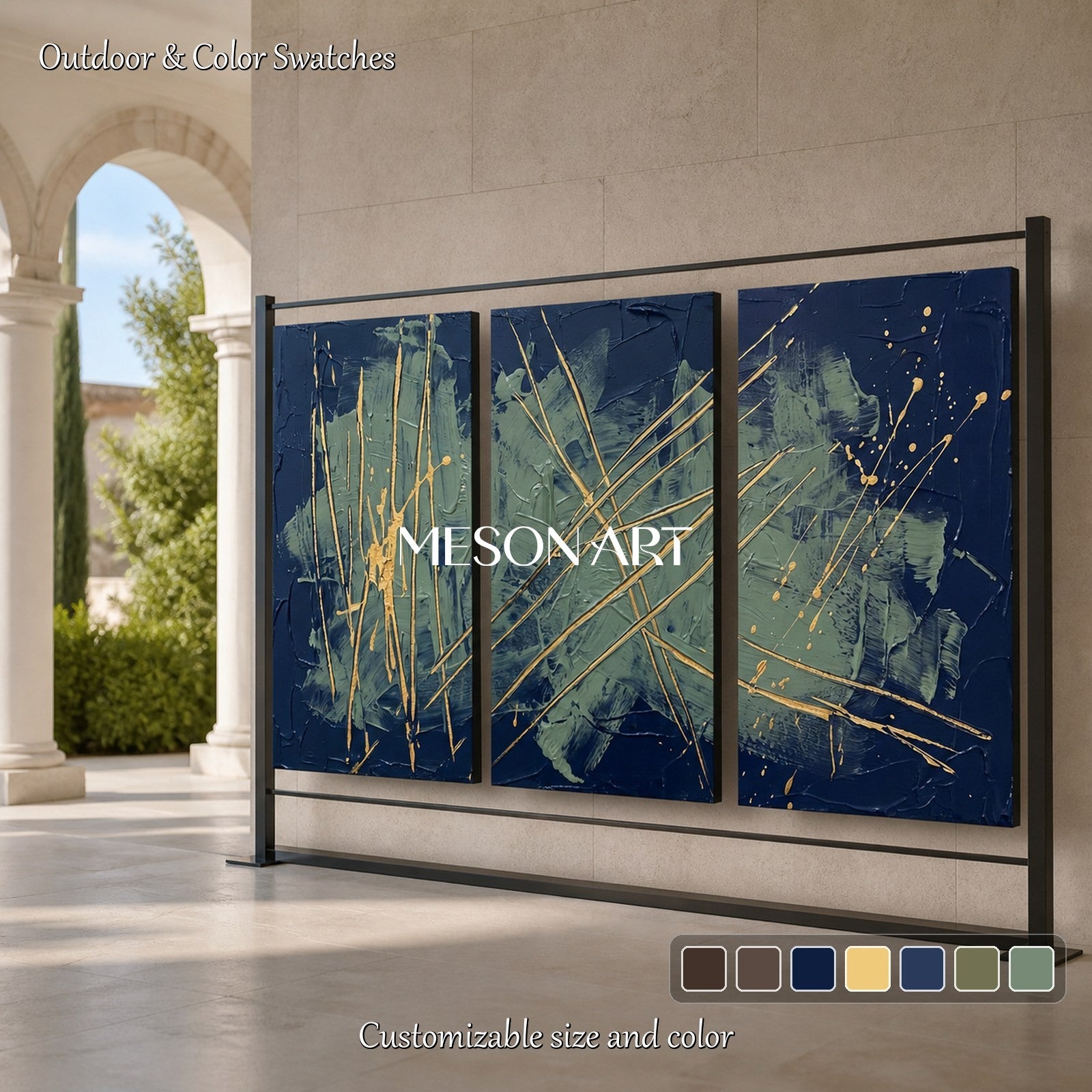 Blue And Gold Abstract Expressionism Painting Rectangular Wall Art For Living Room By Mesonart
