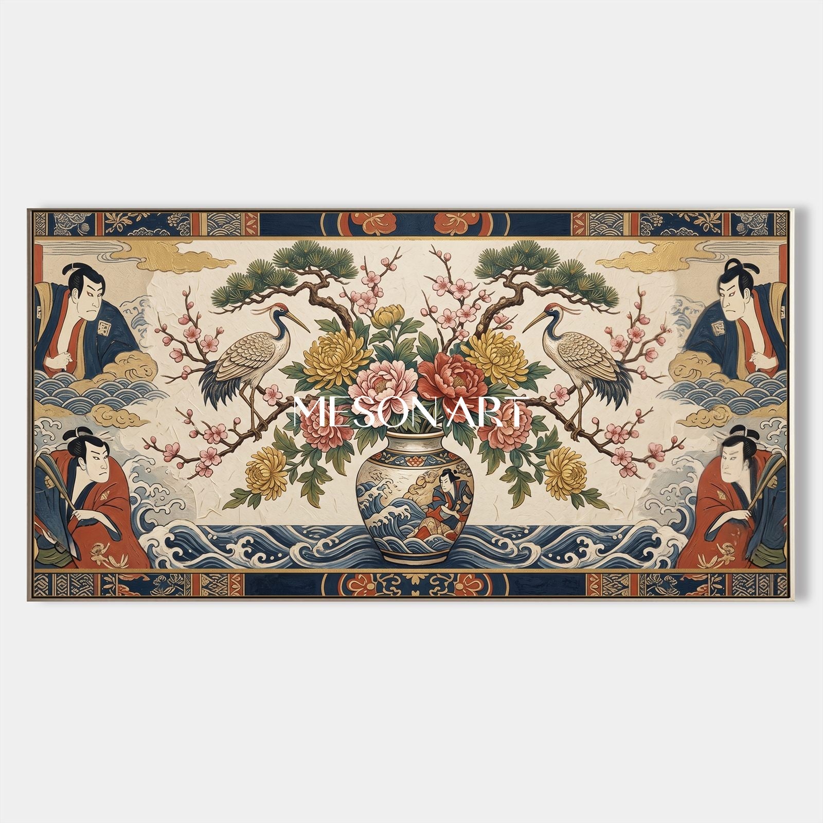 Japanese Ukiyo-E Canvas Art With Cranes And Flowers For Living Room Decor