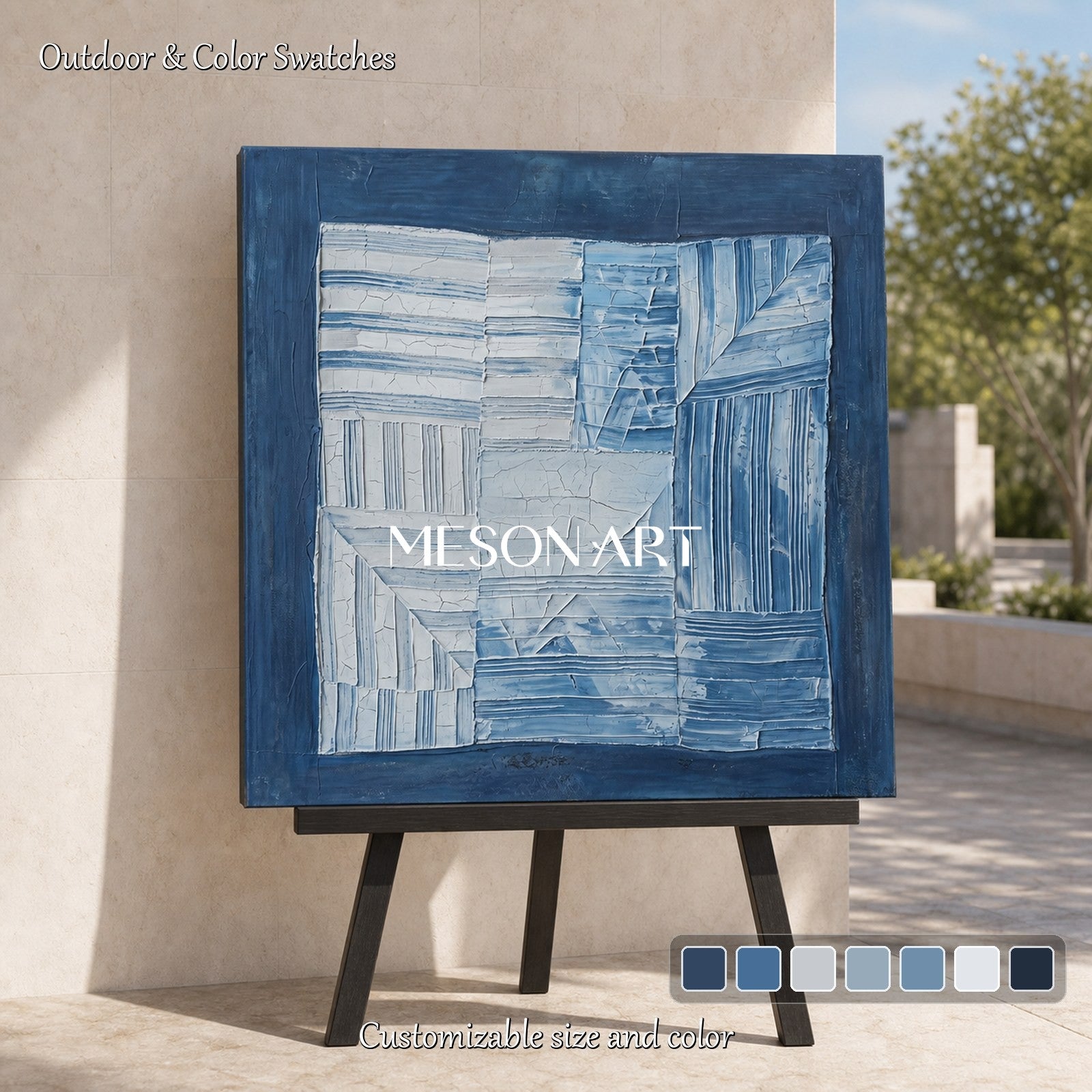Blue Abstract Wall Art With Textured Relief For Wabi-Sabi Home Decor