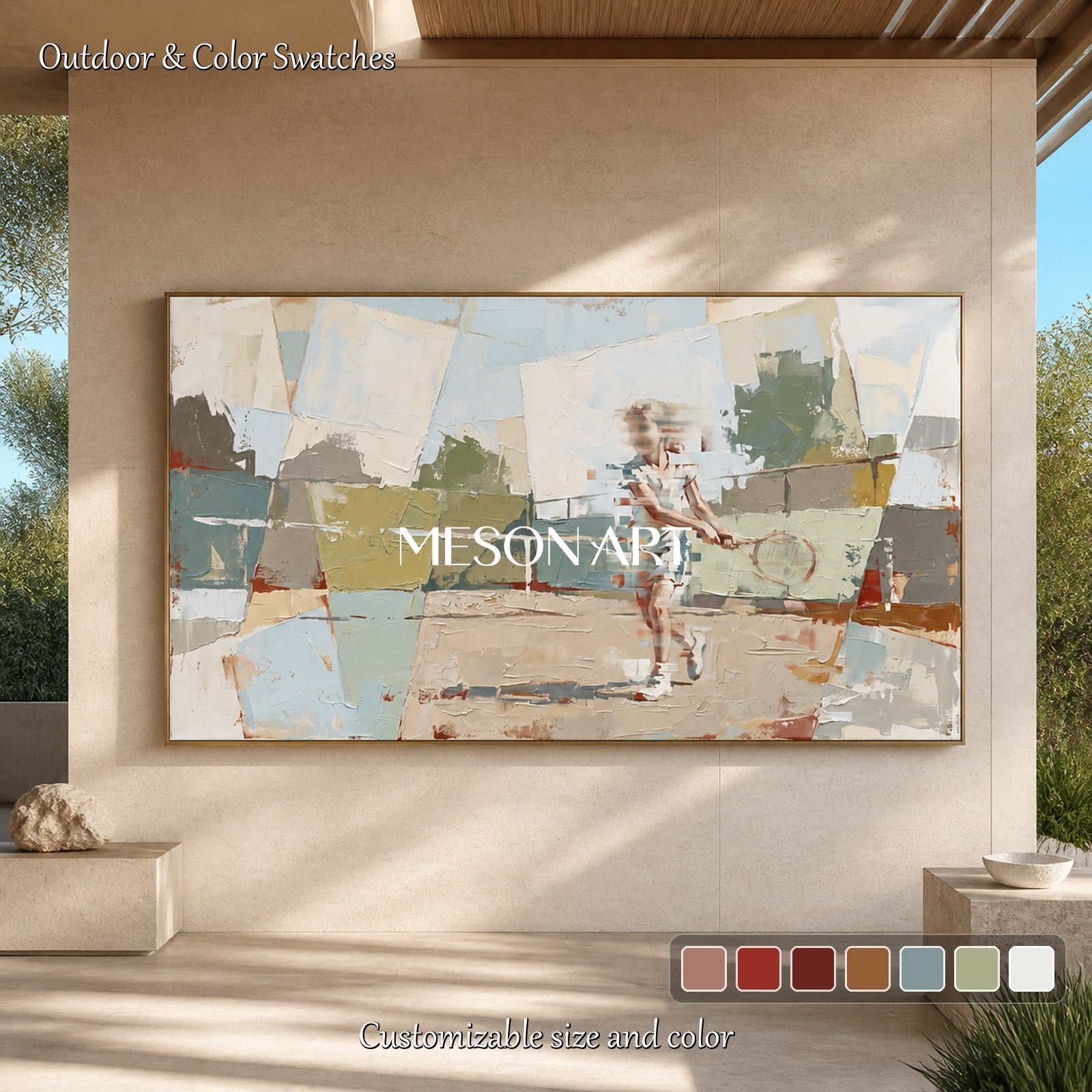Beige And Blue Abstract Figurative Painting Contemporary Children At Play Panoramic Wall Art By Mesonart