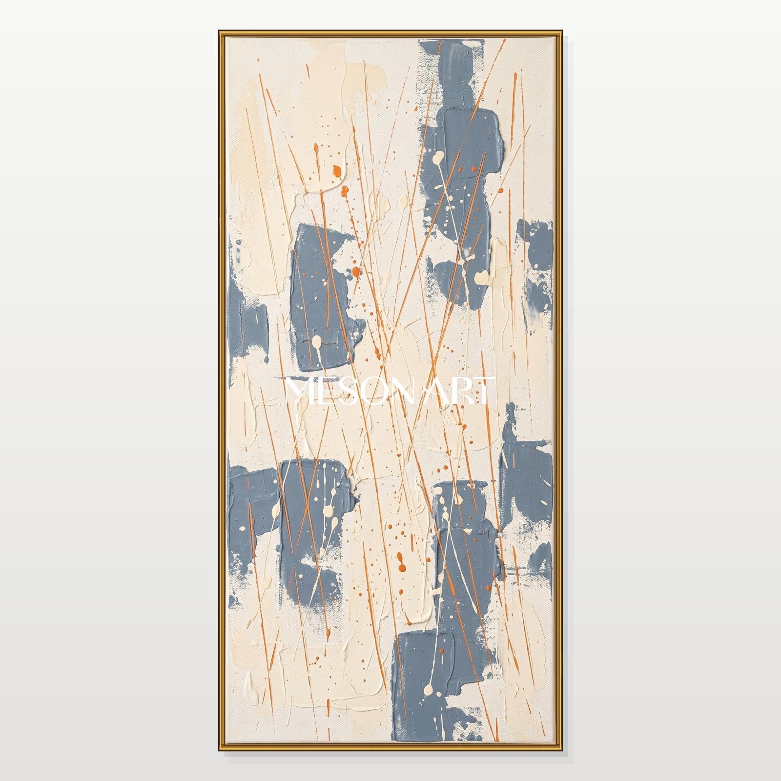 Beige And Blue Abstract Painting Inspired By Jackson Pollock Style Action Art Panoramic Wall Decor For Living Room By Mesonart
