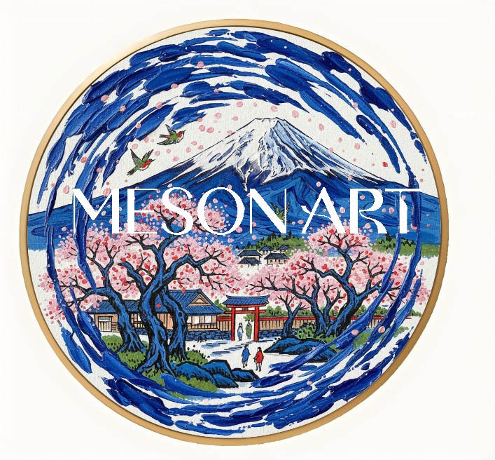 Mount Fuji Scenery Painting Pink Sakura Cherry Blossoms Oil Painting