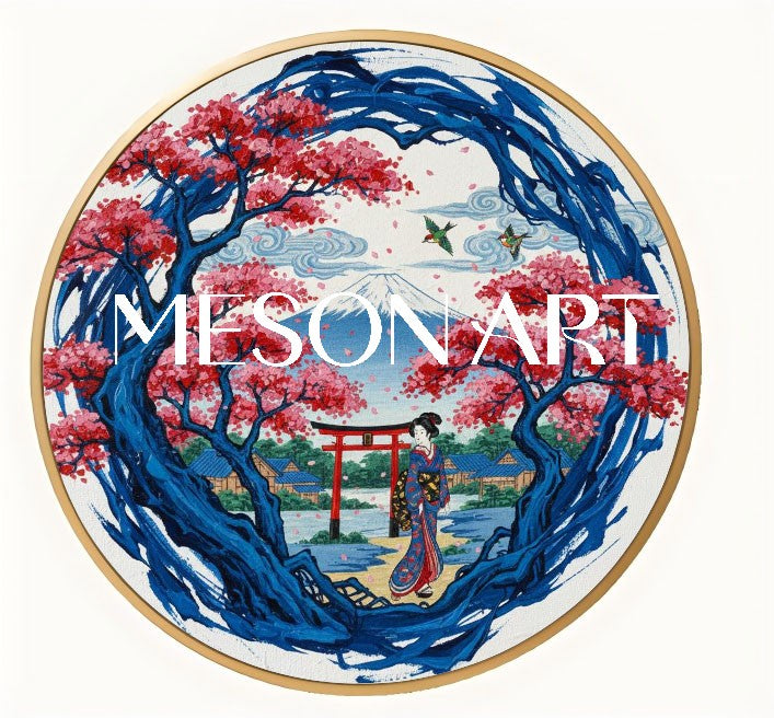 Round Japanese Landscape Oil Painting | Mt Fuji & Cherry Blossom Wall Art | MesonArt