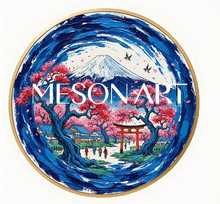 Circular Canvas Oil Painting Mt Fuji Cherry Blossom Wall Art MesonArt