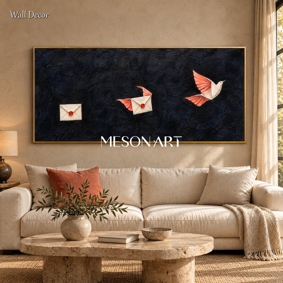 Black And Red Surrealist Painting Of Pigeons Panoramic Wall Art Original Artist By Mesonart