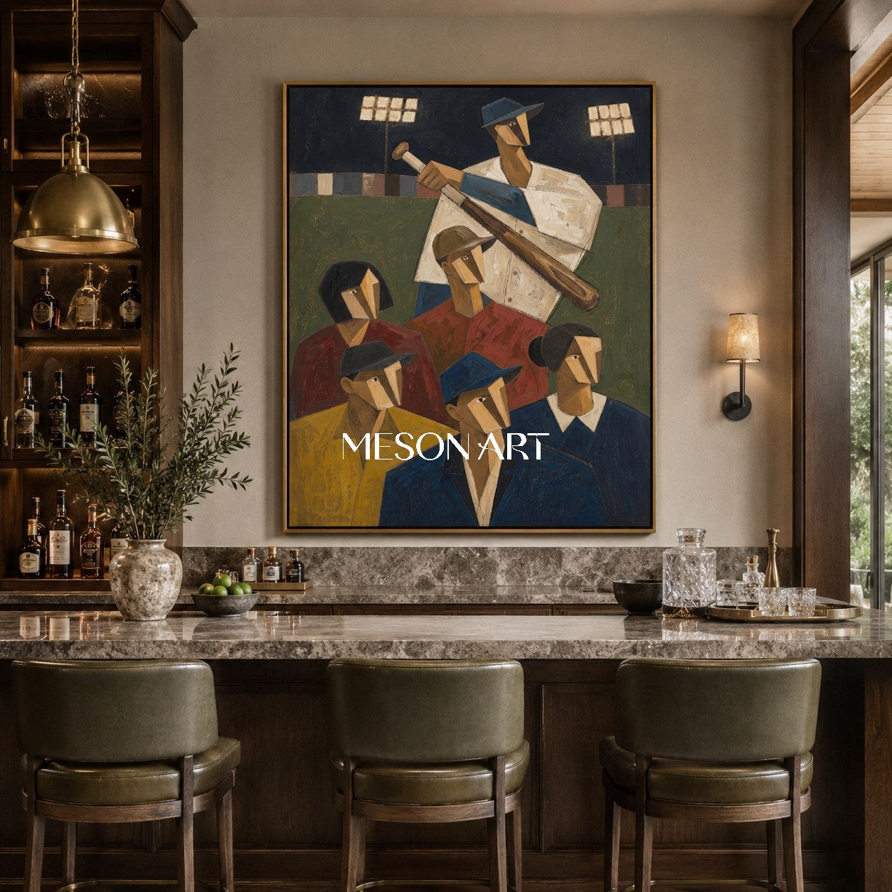 Expressionist Baseball Painting With Geometric Figures For Modern Living Room Decor