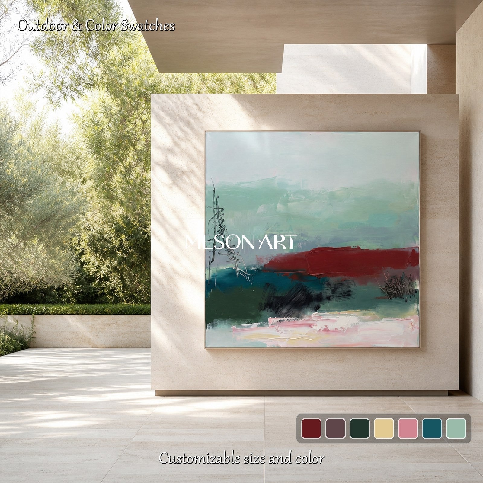 Green And Red Abstract Landscape Painting Modern Textured Square Wall Art For Living Room By Mesonart