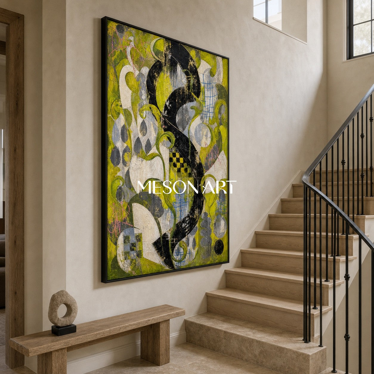 Urban Graffiti Abstract Painting With Green And Black Textured Canvas Art For Living Room