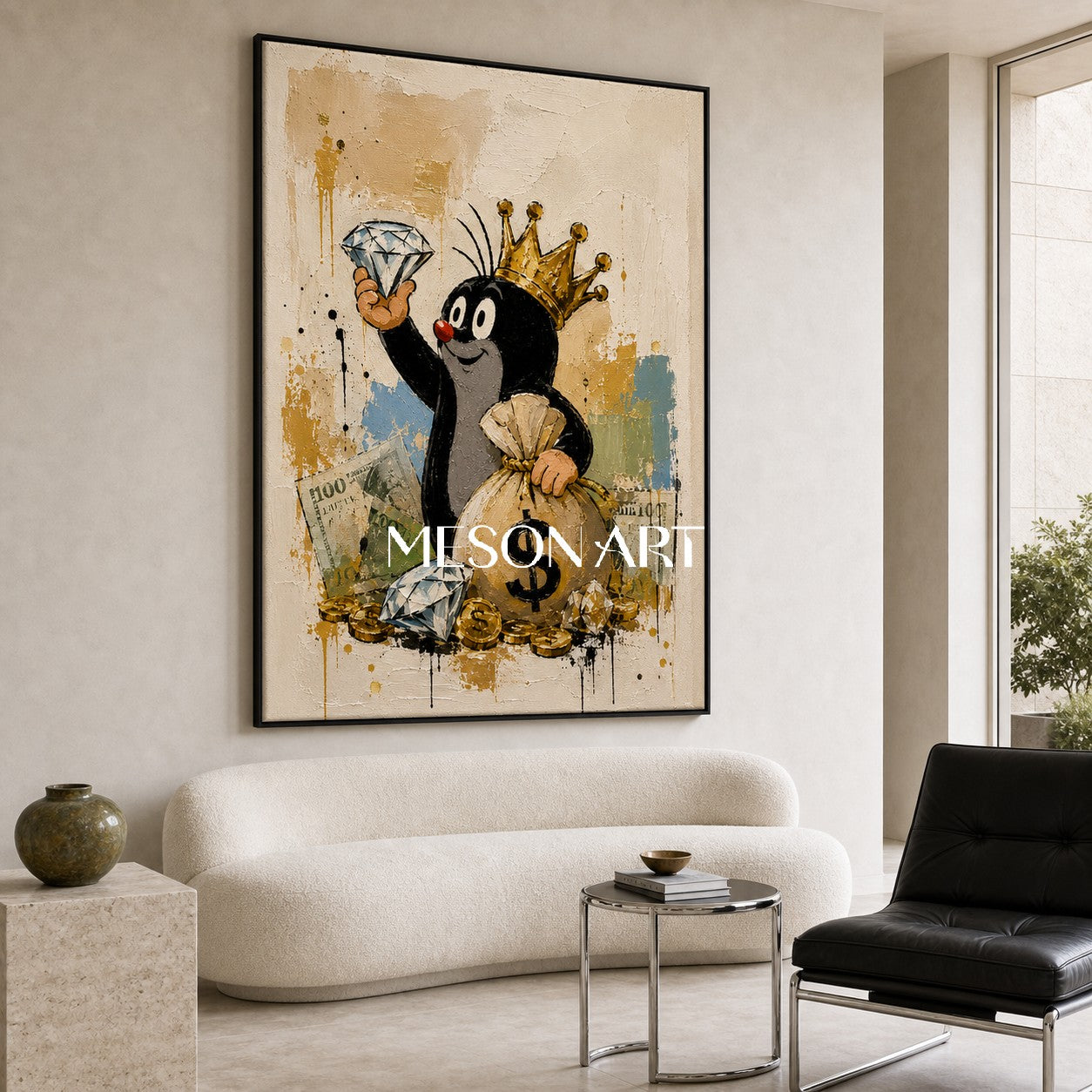 Crowned Mole Pop Art Painting With Gold Coins And Diamonds For Modern Living Room Decor