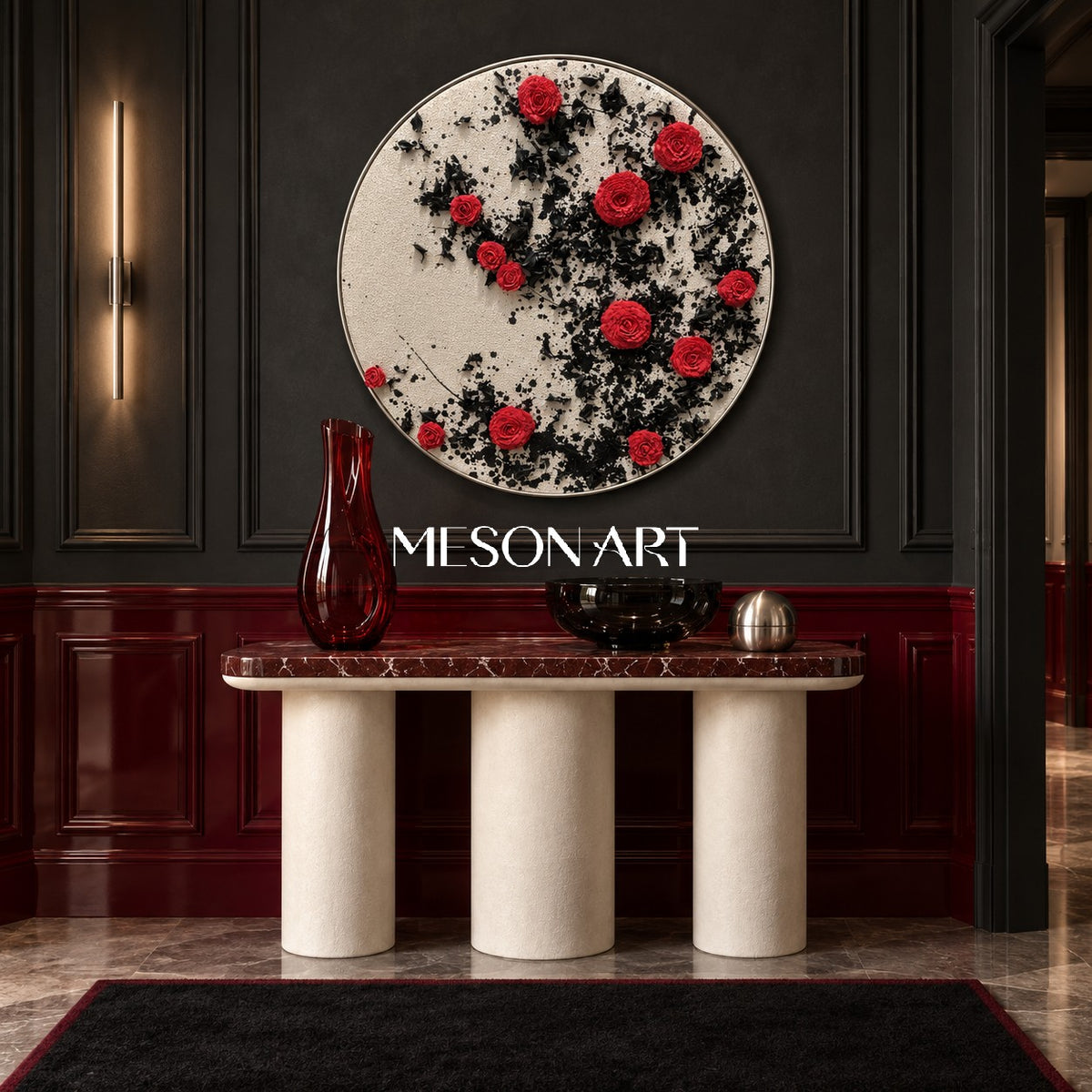 Red And Black Botanical Painting Modern Organic Circular Wall Art Original Hand Painted By Mesonart