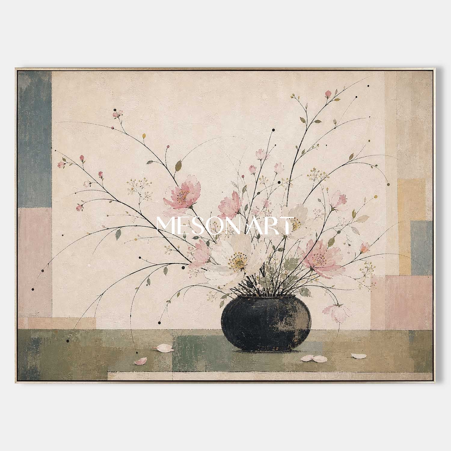 Elegant Pink Floral Still Life Painting With Geometric Background For Dining Room Wall Art Decor