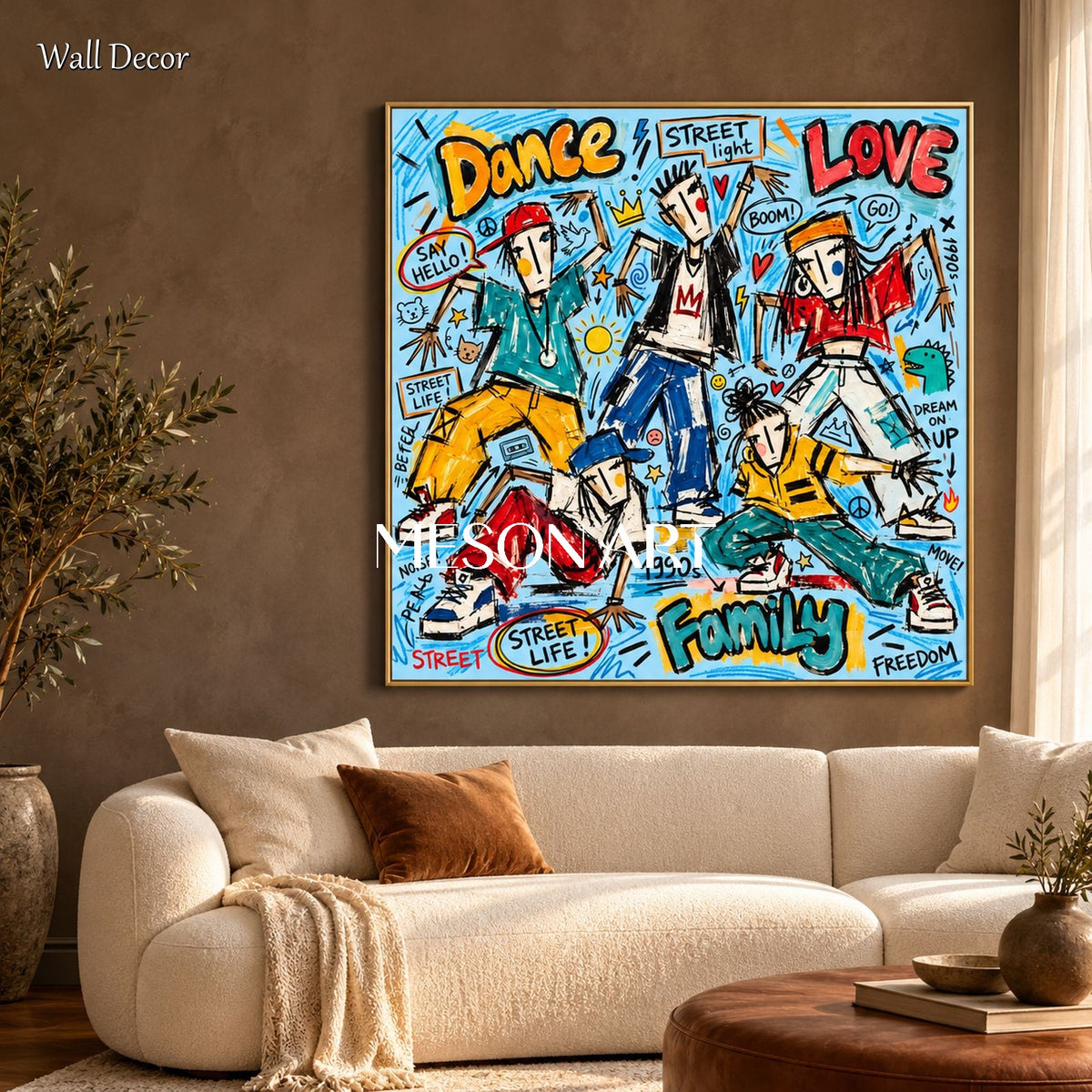 Blue And Yellow Abstract Street Dance Graffiti Art Square Wall Decor For Living Room By Mesonart