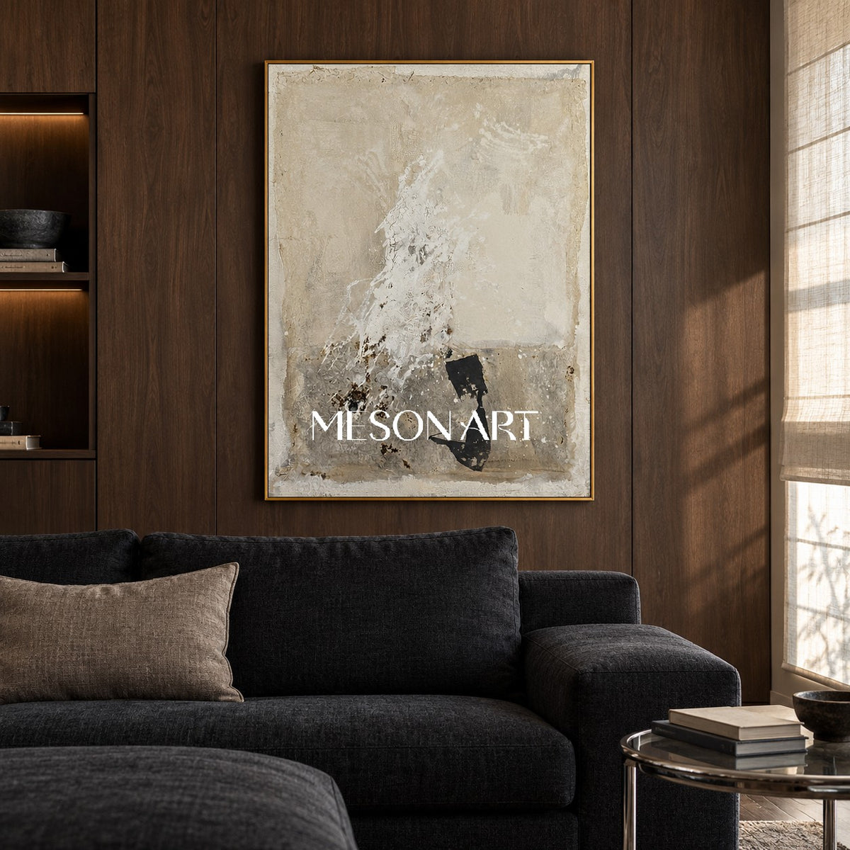 Black And Beige Abstract Painting Textured Wabi Sabi Mixed Media Original Art Rectangular Wall Art For Living Room By Mesonart