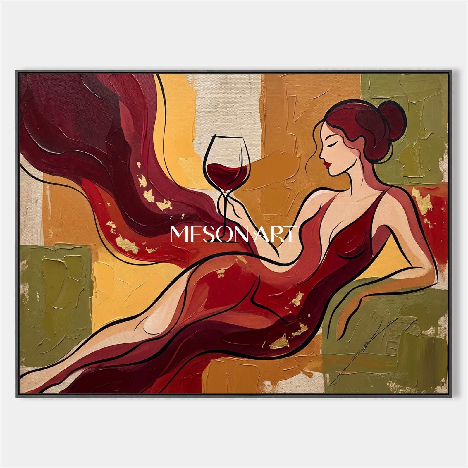 Red And Gold Painting Contemporary Art Wine Culture Original Artist Rectangular Wall Art For Dining Room By Mesonart