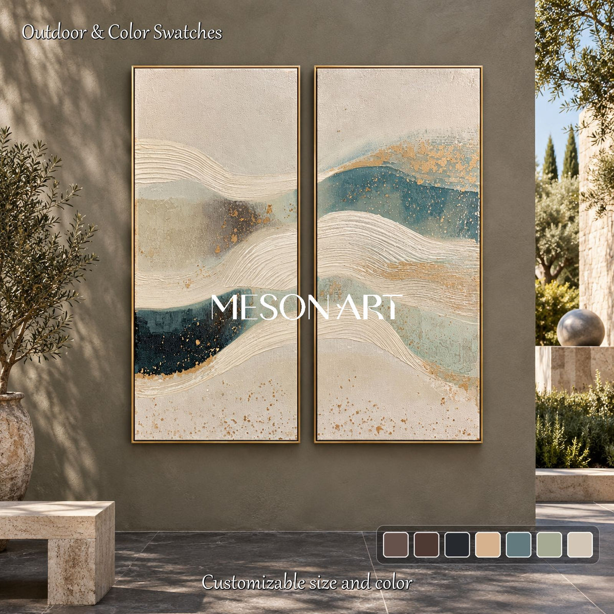 Beige And Blue Abstract Art Rectangular Wall Decor Original Artist Hand Painted By Mesonart