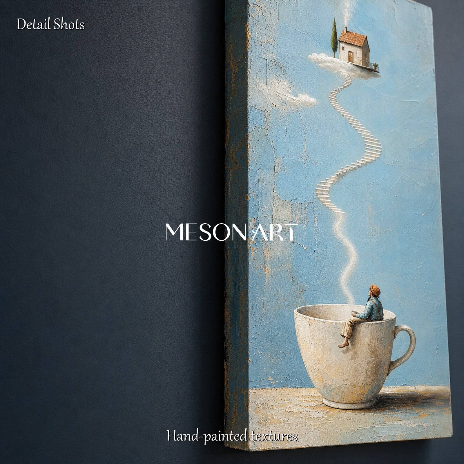 Surrealist Teacup Stairway Art For Modern Living Room Decor With Dreamy Blue Tones