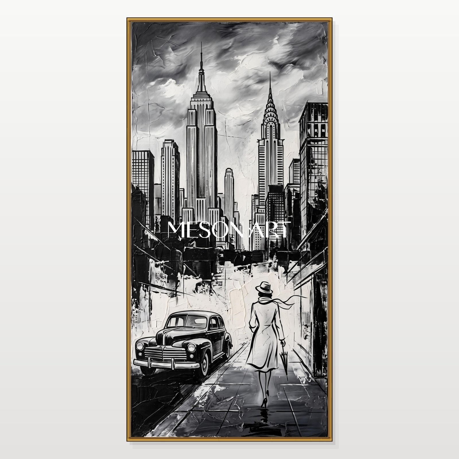 Black And White Modern Cityscape Painting Panoramic Wall Art Contemporary New York City Original Artist By Mesonart