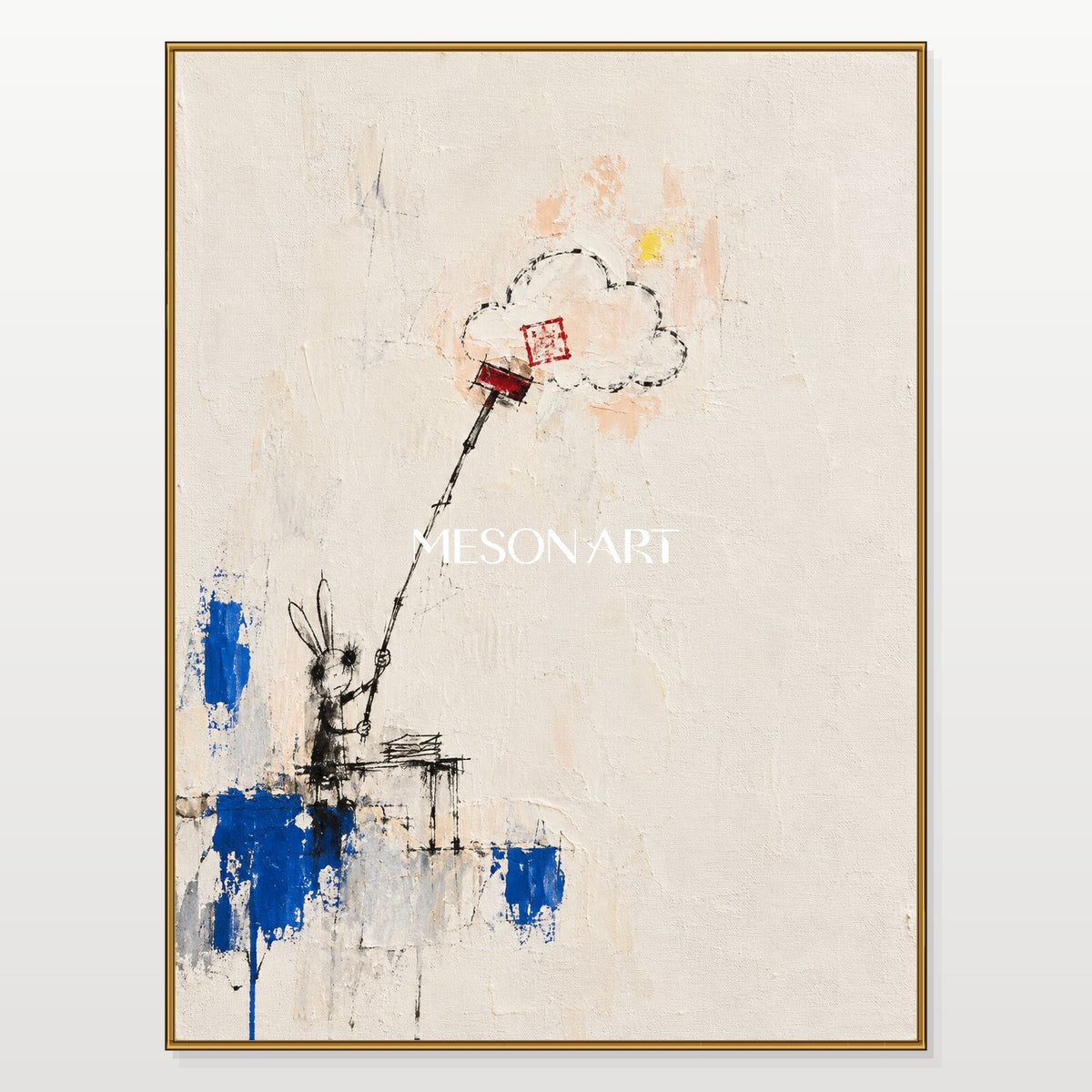 White And Blue Graffiti Abstract Art Modern Canvas Wall Decor Rectangular For Living Room By Mesonart