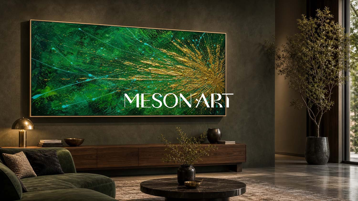 Emerald Green And Gold Pollock Abstract Painting For Modern Living Room Decor