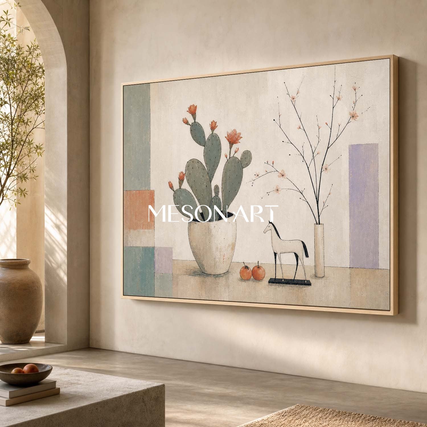Art Deco Cactus Painting For Modern Living Room Decor With Geometric Shapes