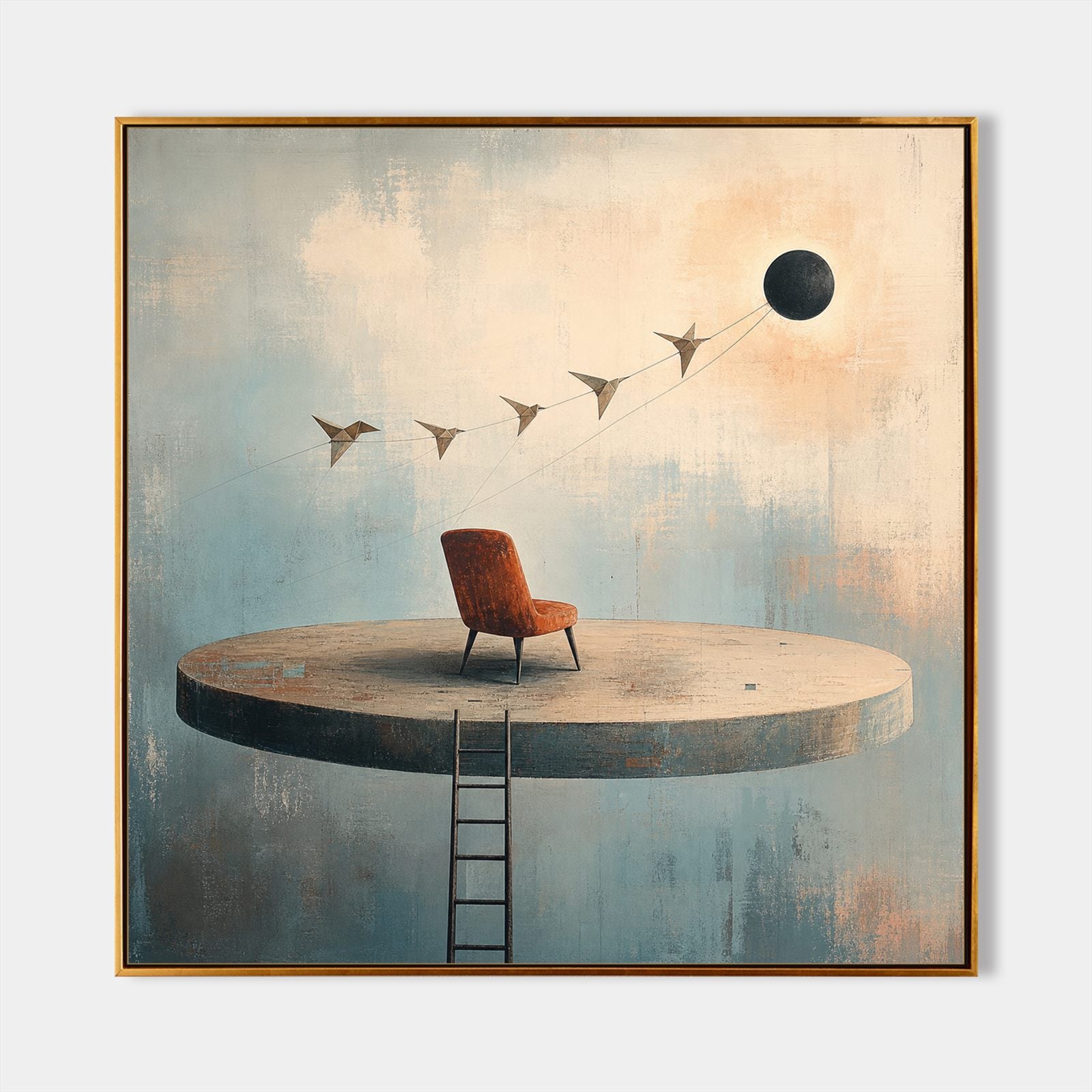 Surrealist Abstract Painting With Floating Chair For Modern Living Room Decor