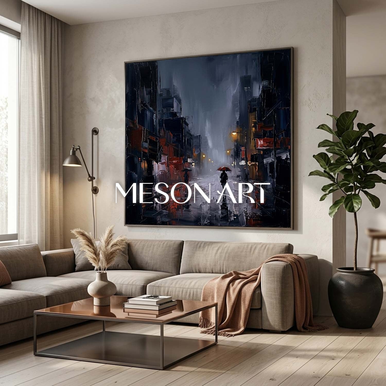 Abstract City Rain Painting With Plaster Texture For Modern Living Room And Office Decor