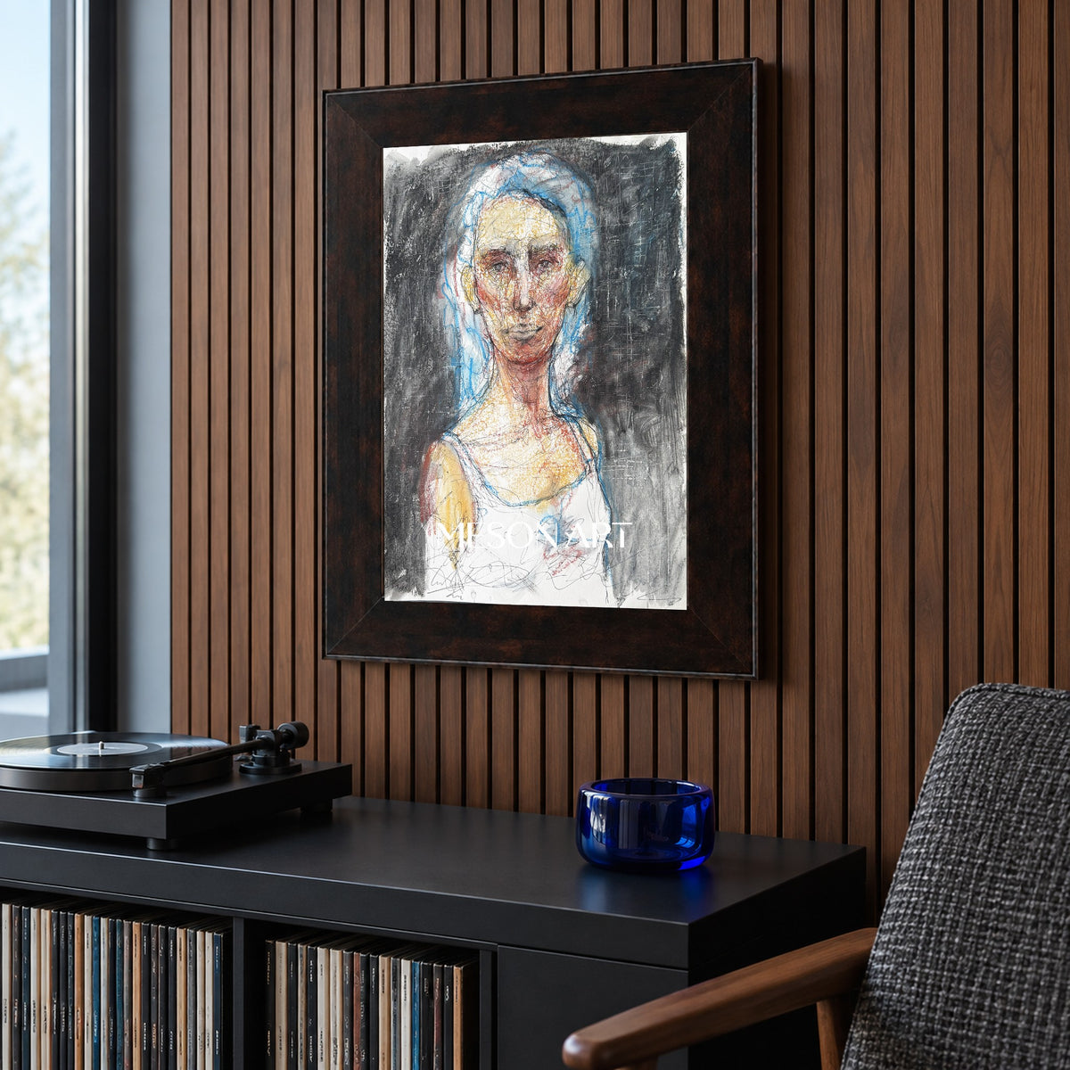 Black And White Figurative Expressionist Portrait Painting Rectangular Wall Art For Living Room By Mesonart