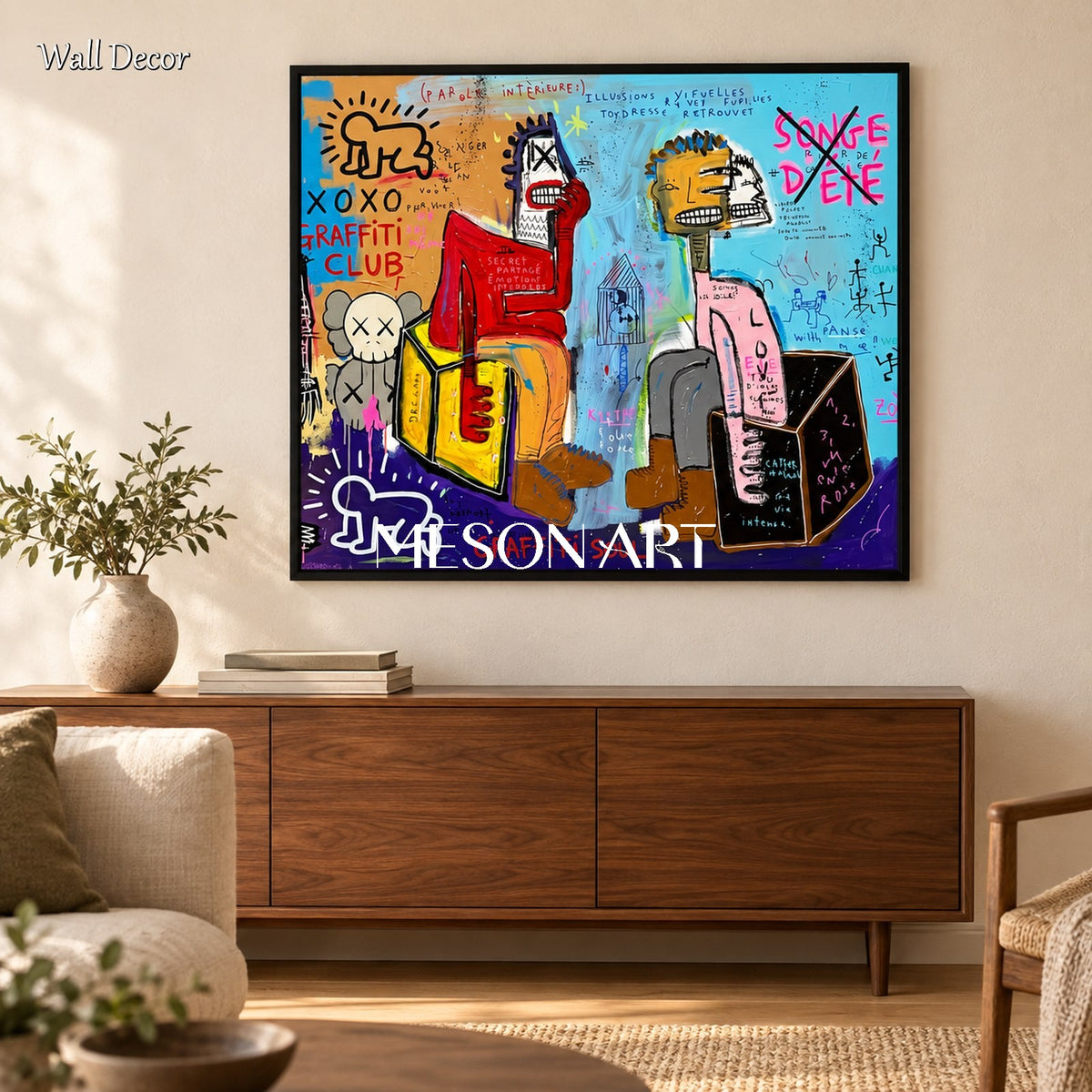 Blue And Red Graffiti Painting Rectangular Wall Decor For Living Room By Mesonart